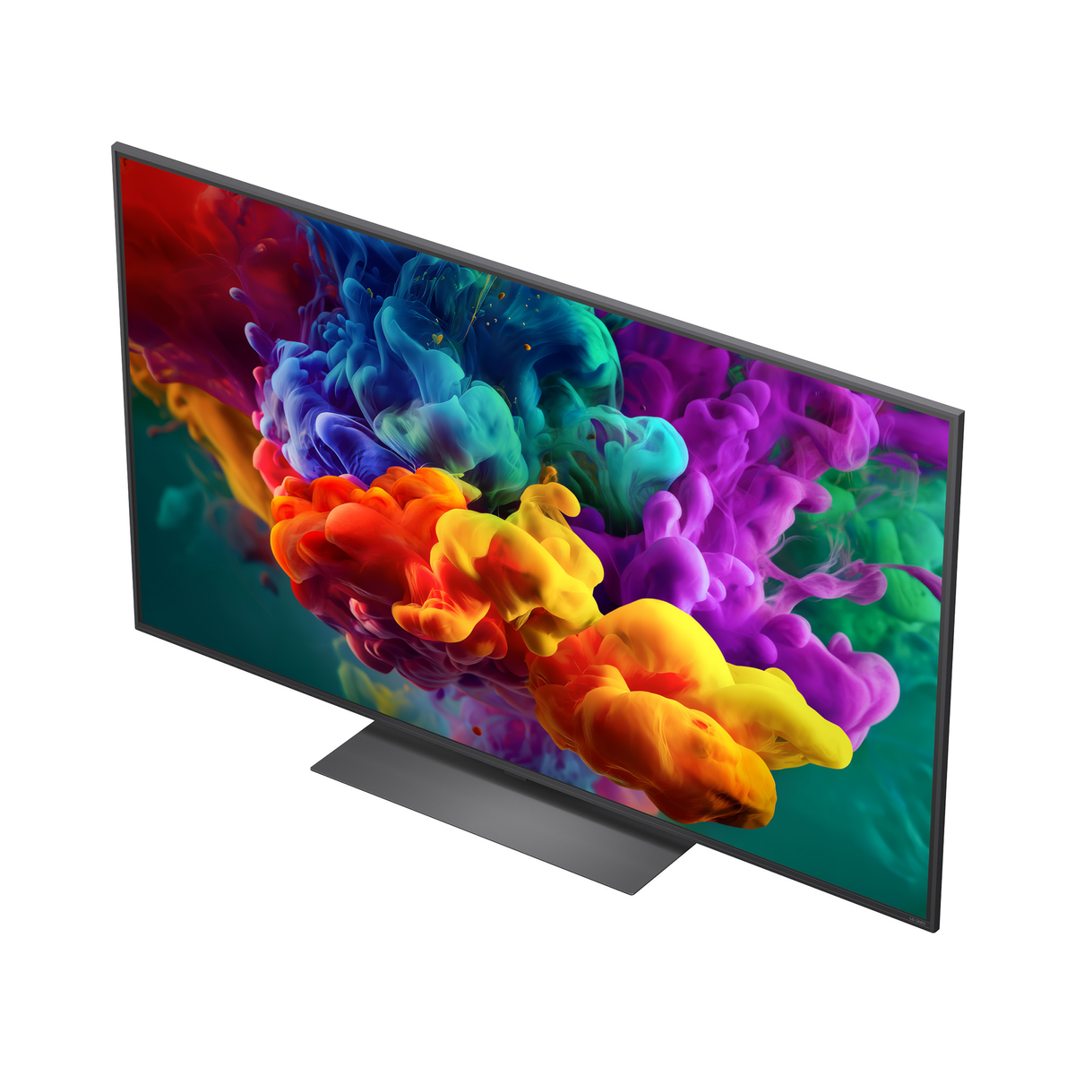 Una TV moderna mostra vivaci volute di fumo colorato su sfondo scuro.