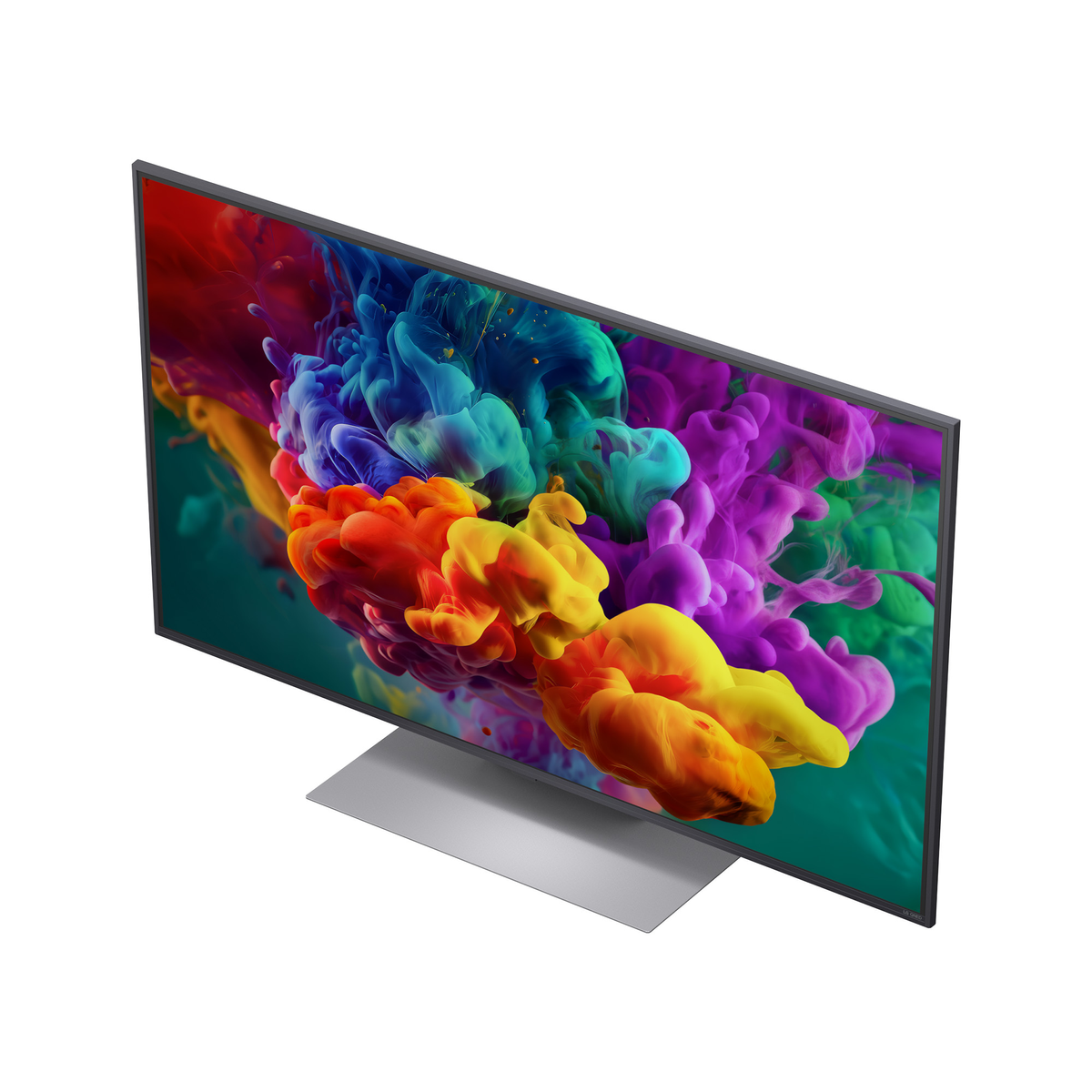 Televisor moderno con salvapantallas de salpicadura de color vibrante y base plateada.