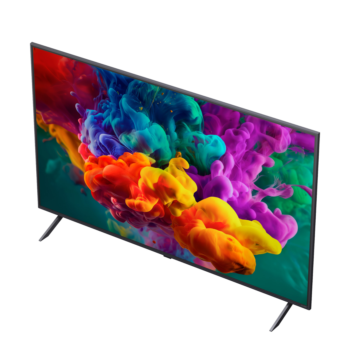 Un televisor moderno de pantalla plana muestra patrones de humo vibrantes y coloridos en rojo, naranja, amarillo, verde, azul y púrpura.