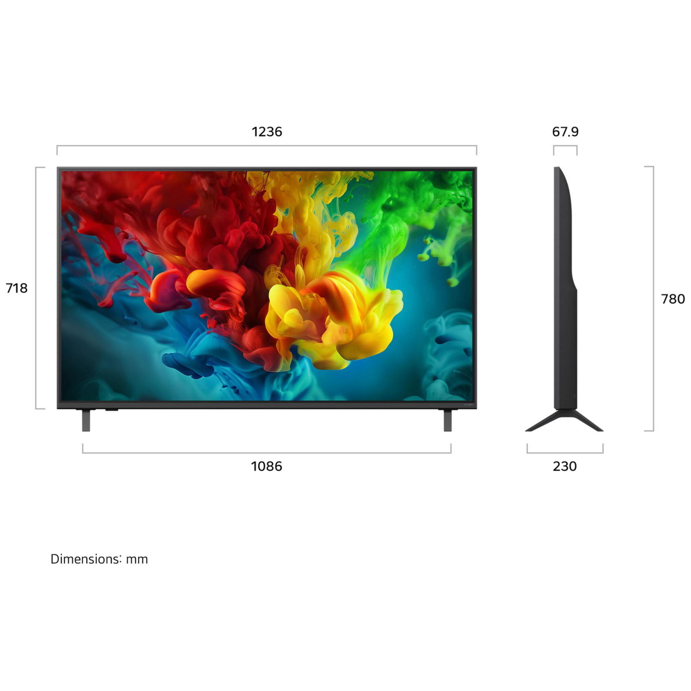 Televisore nero con fumo colorato sullo schermo, con dimensioni indicate.