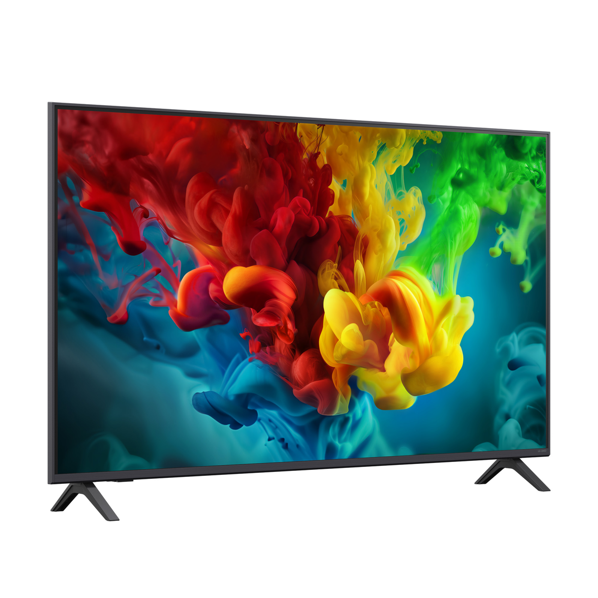 Un televisore moderno con un vivace screensaver a schizzi di inchiostro colorati.