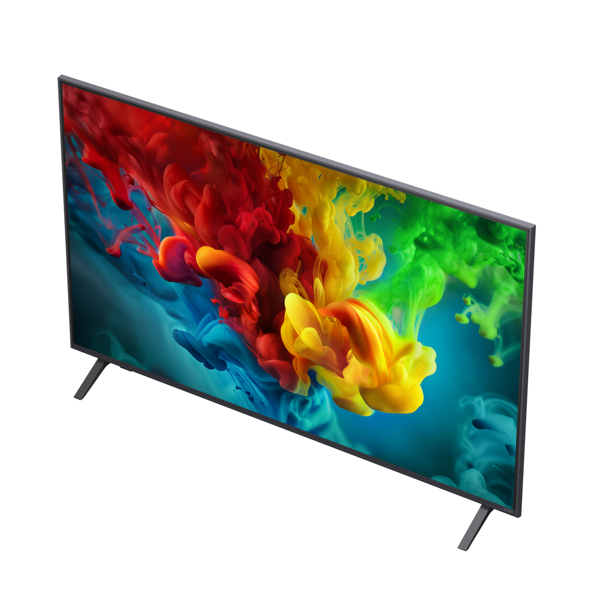 Un'elegante TV nera mostra nuvole d'inchiostro rosse, gialle e verdi vibranti su sfondo blu.