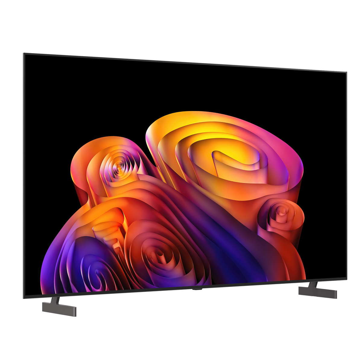 Un moderno televisore con uno sfondo astratto e vibrante in rosa, arancione e viola.
