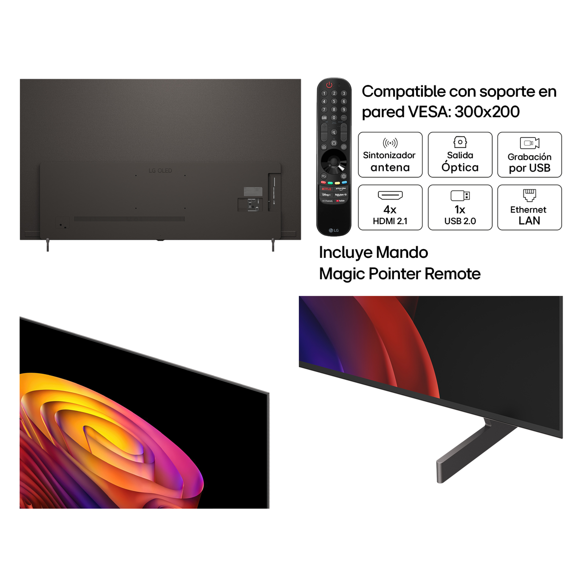 Retro TV LG OLED con telecomando e dettagli di connessione. Supporto VESA.