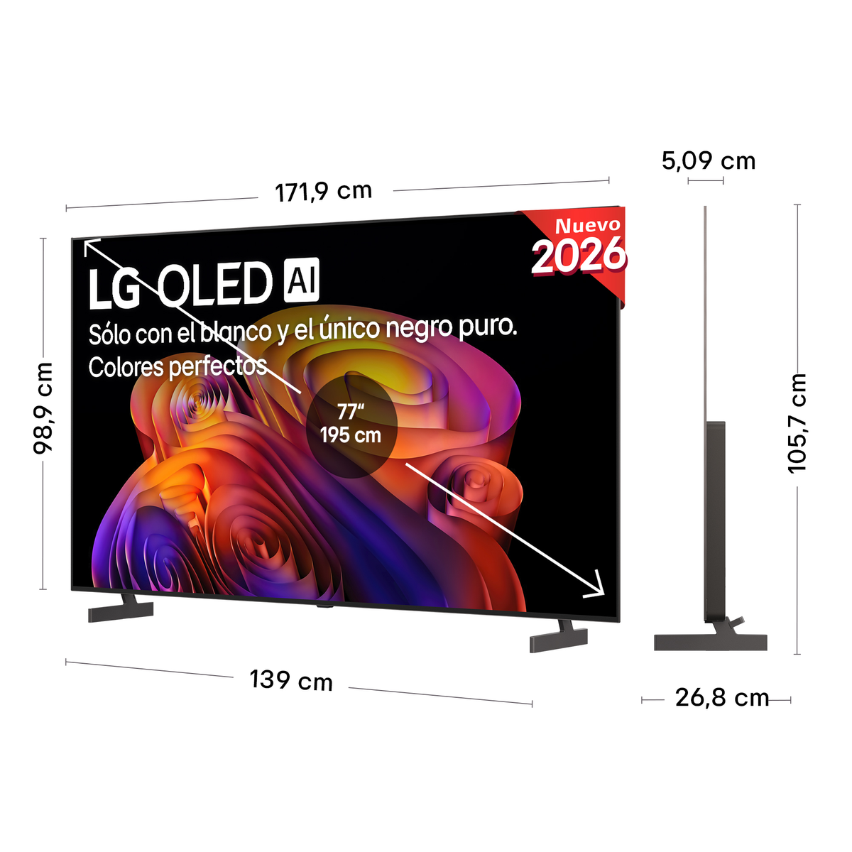 Un TV LG OLED da 77 pollici, largo 171,9 cm, alto 98,9 cm, profondo 26,8 cm.
