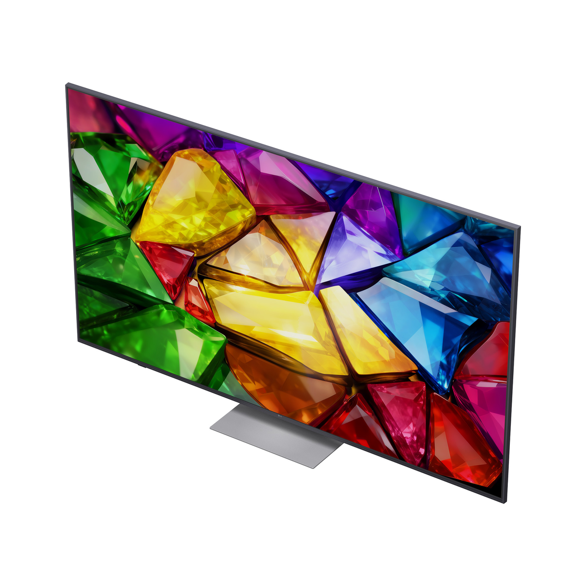 Un televisor elegante que muestra un fondo de pantalla de gemas coloridas en su pantalla.