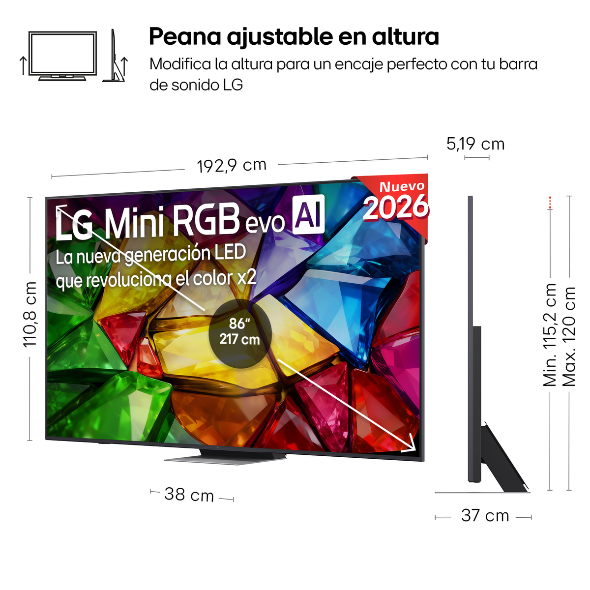 TV LG da 86 pollici Mini LED AI, dimensioni 192,9x110,8x37cm, altezza regolabile.