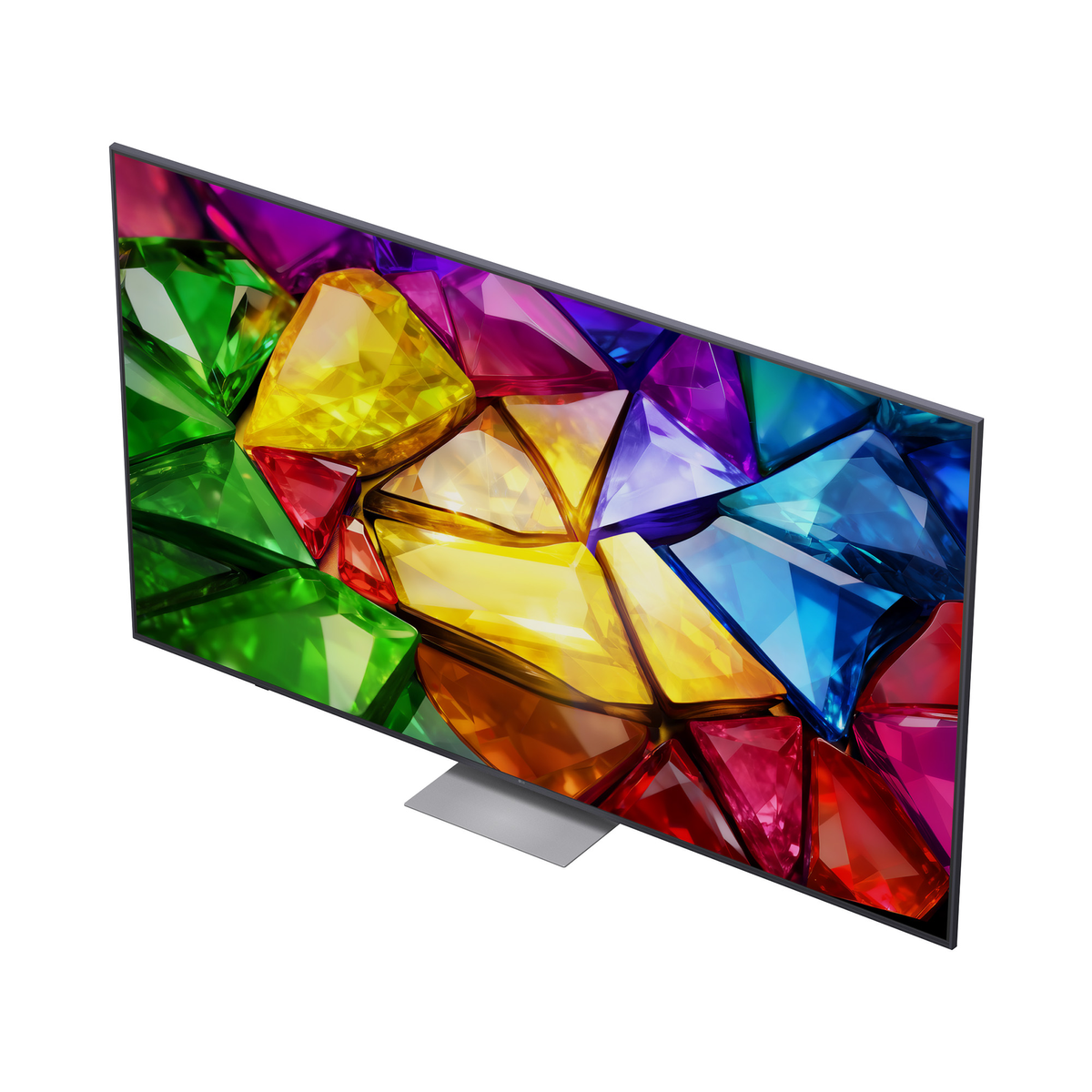Un televisore elegante che mostra un motivo di gemme colorate sullo schermo.