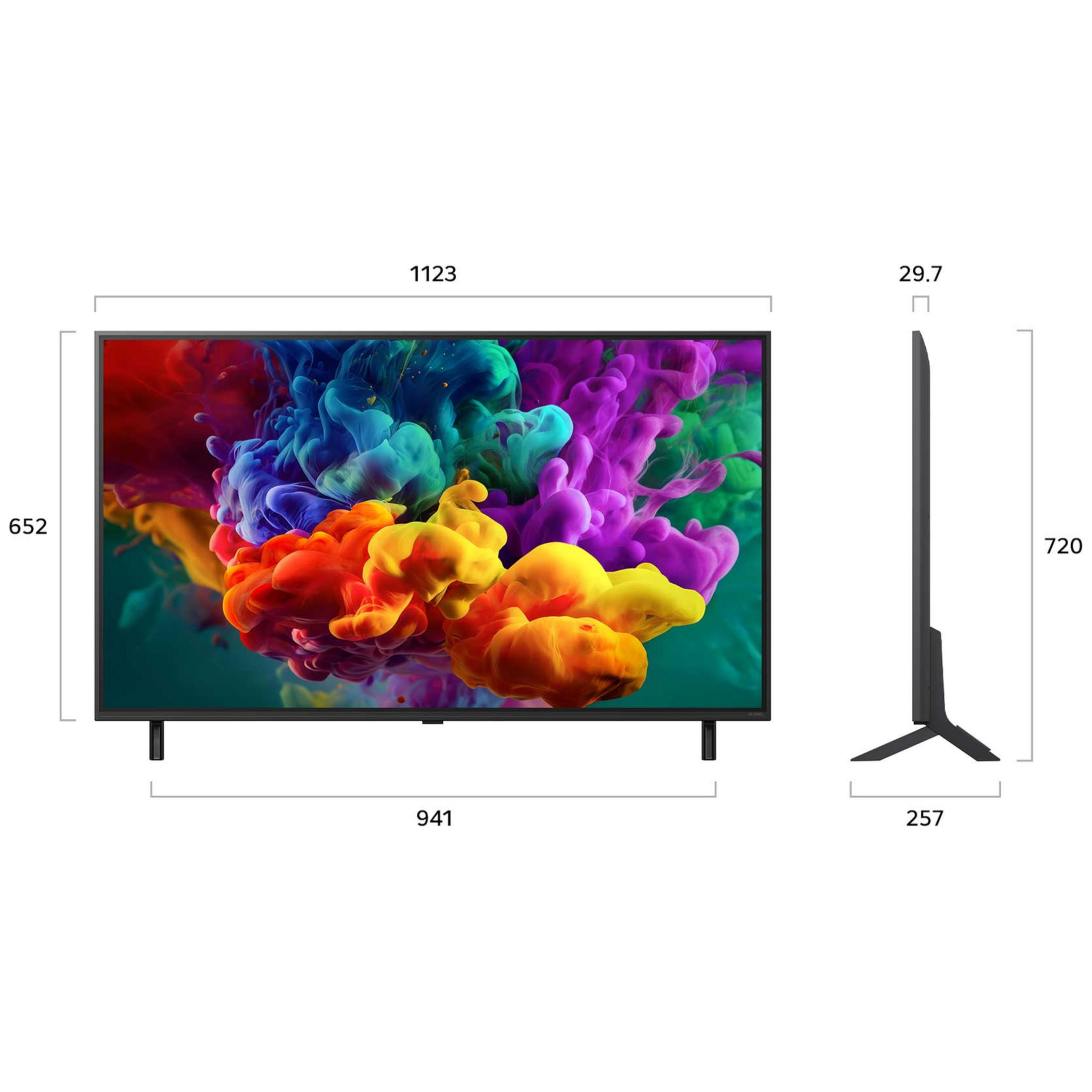 Una TV elegante con un vivido motivo di fumo e dimensioni indicate.