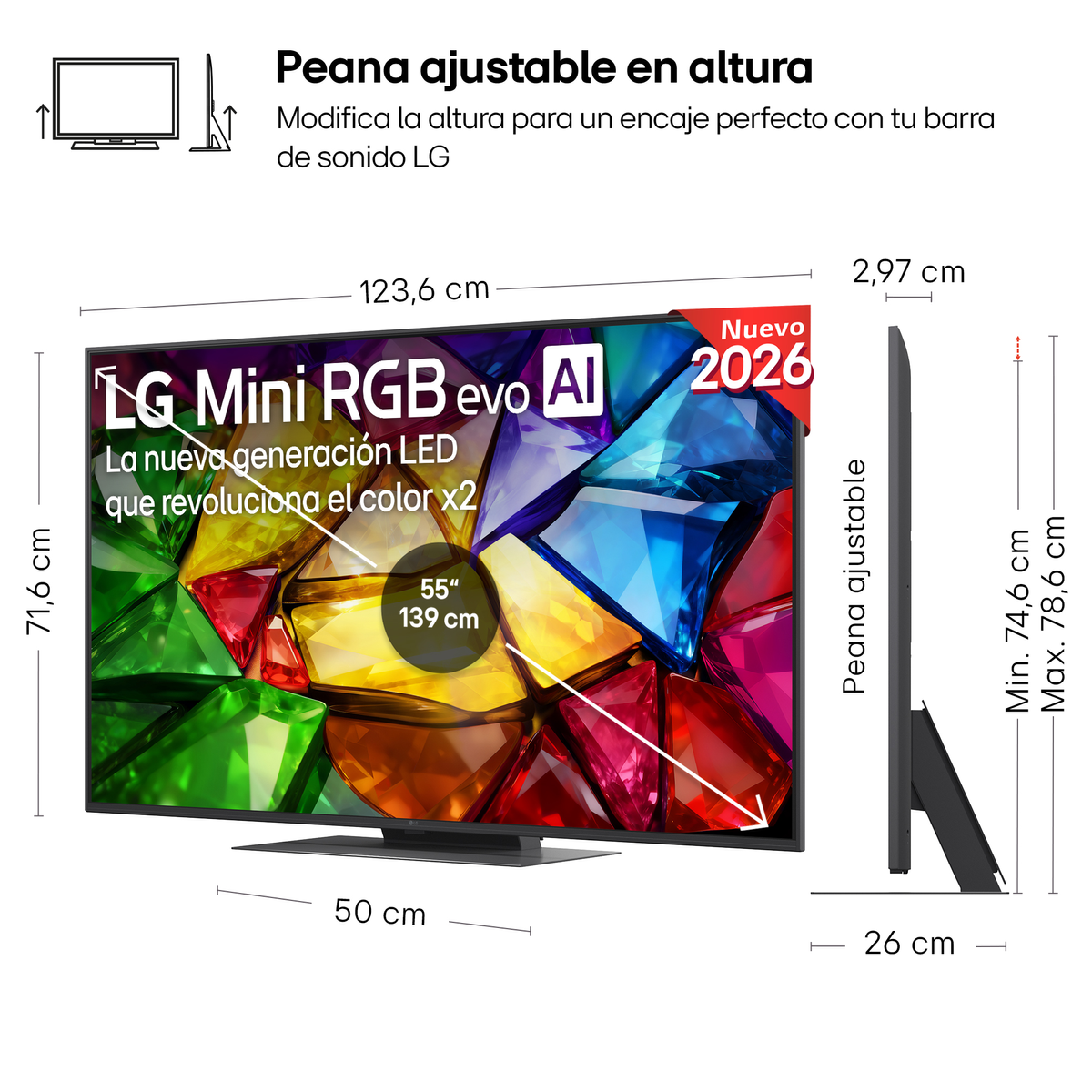 TV LG da 55 pollici con supporto regolabile, misura 123,6x71,6 cm.