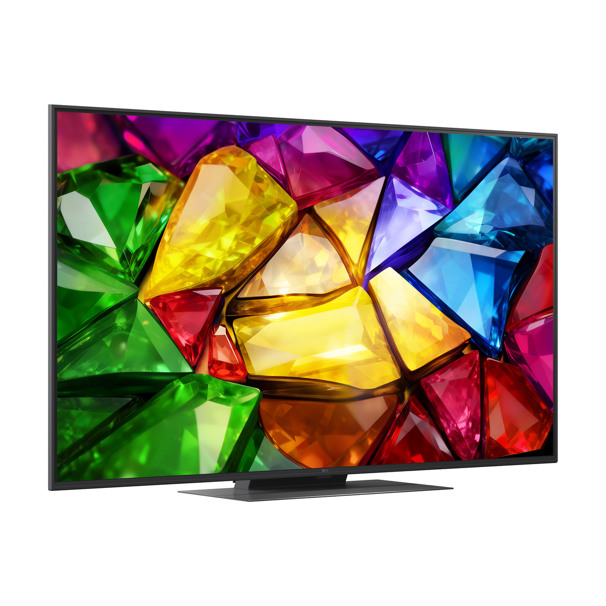 Un televisore moderno che visualizza un motivo colorato di gemme sullo schermo.
