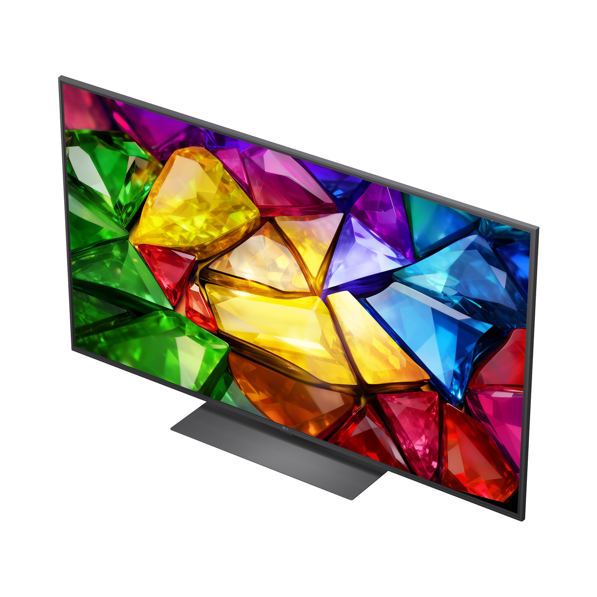 Un televisore moderno che mostra un vibrante e colorato motivo di gemme sullo schermo.