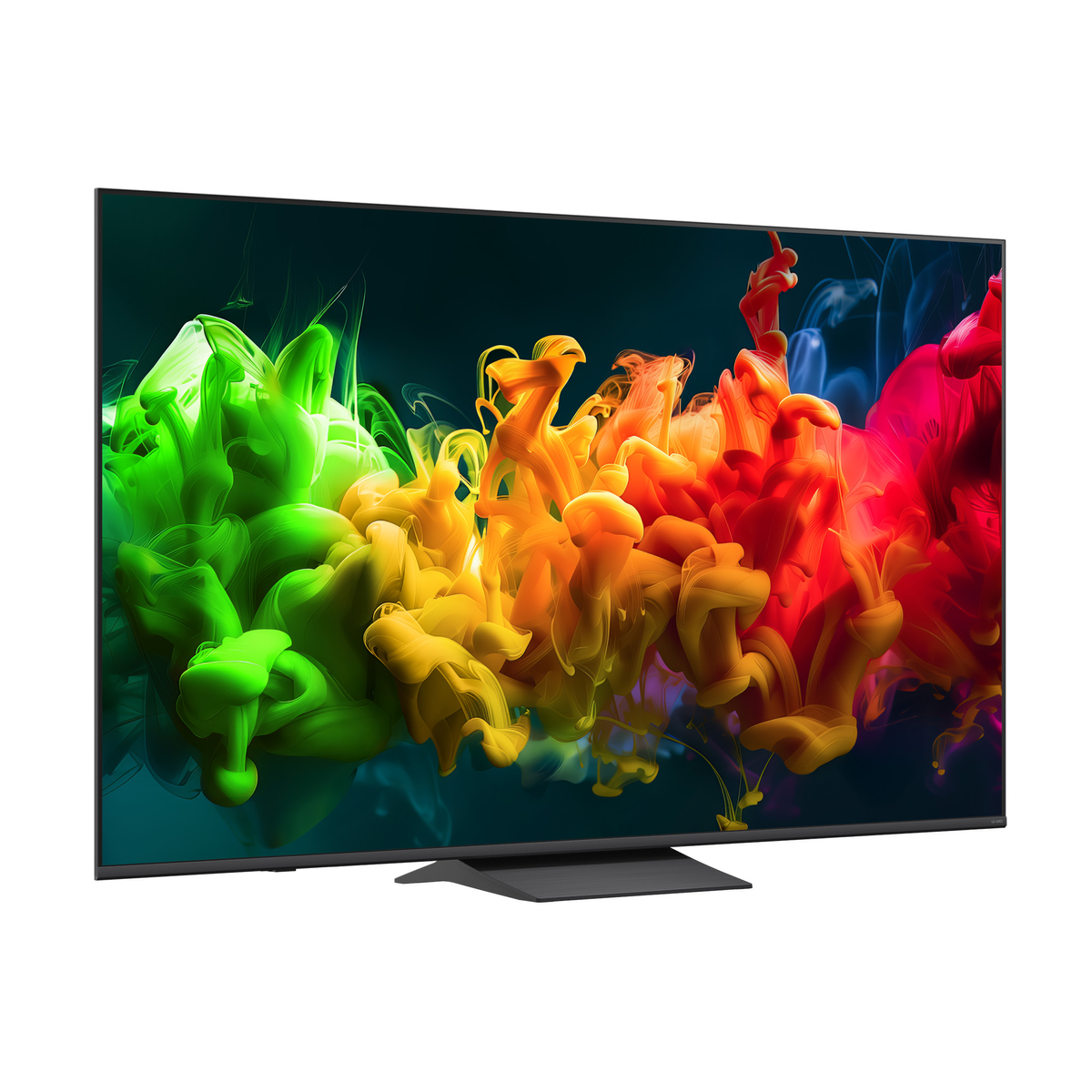 Un televisor moderno muestra vibrantes nubes de tinta verde, amarilla, naranja y roja.