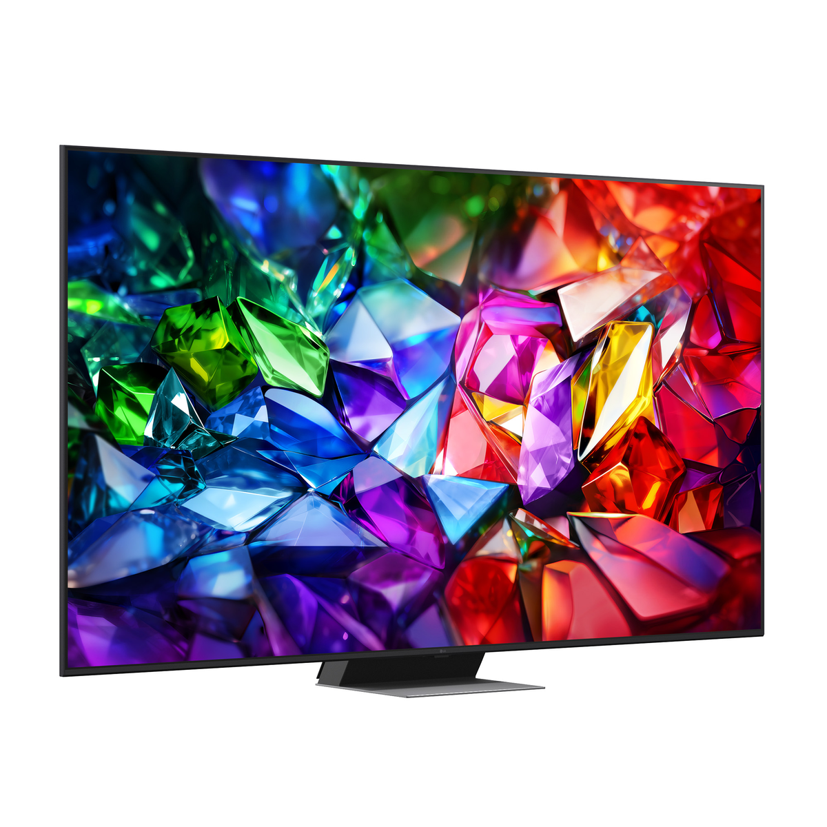 Una TV moderna a schermo piatto con un vibrante motivo di gemme sfaccettate sullo schermo.