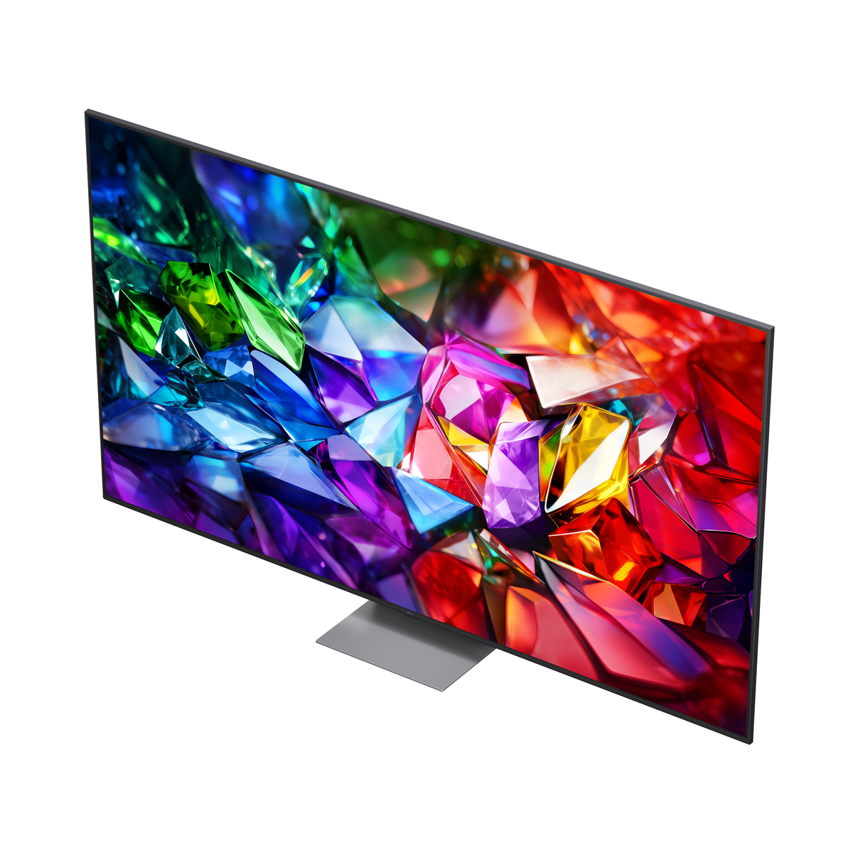 Un televisore moderno che mostra un motivo colorato di gemme sullo schermo.