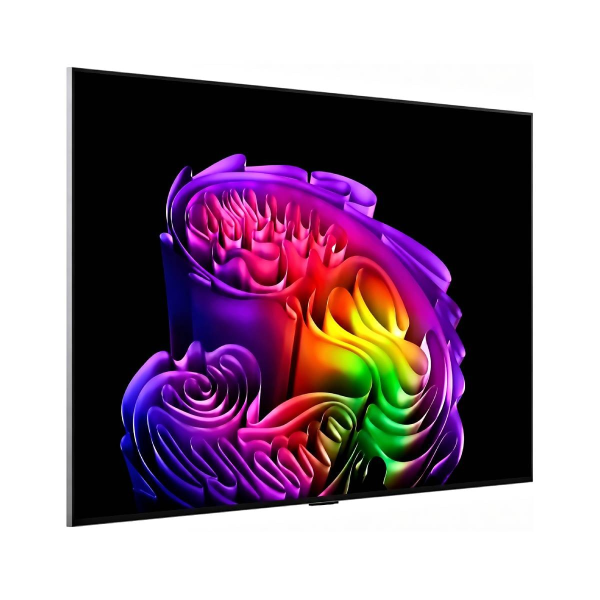 Una obra de arte abstracta de color arcoíris sobre fondo negro en un televisor moderno.