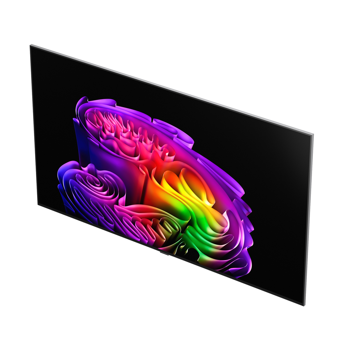Un televisor moderno con un salvapantallas abstracto y vibrante en colores arcoíris.