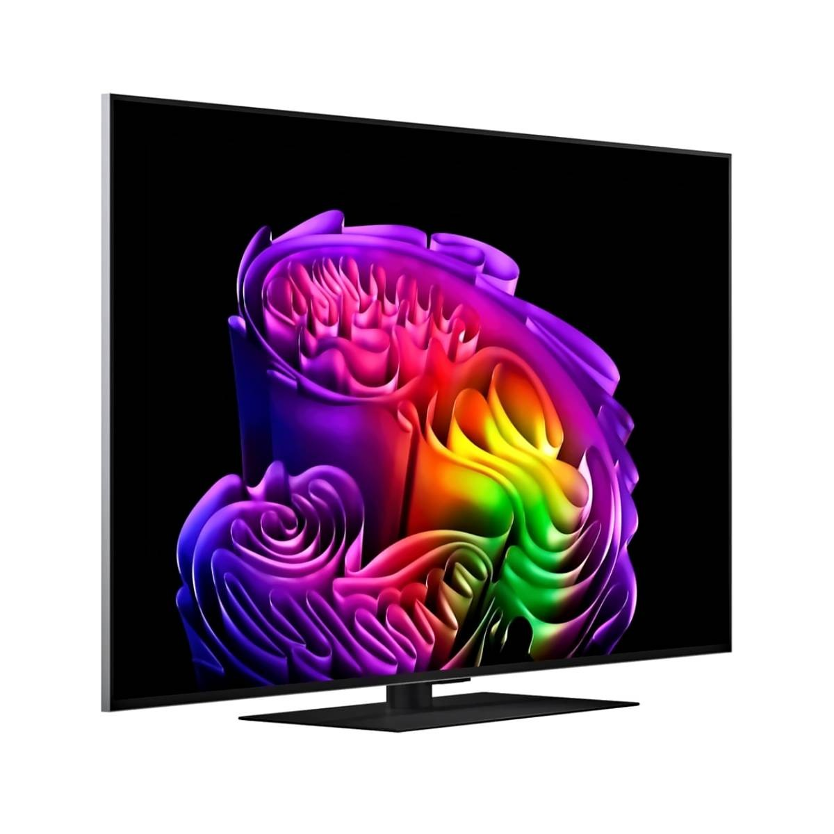 Un televisor moderno que muestra un salvapantallas abstracto y colorido en tonos arcoíris.