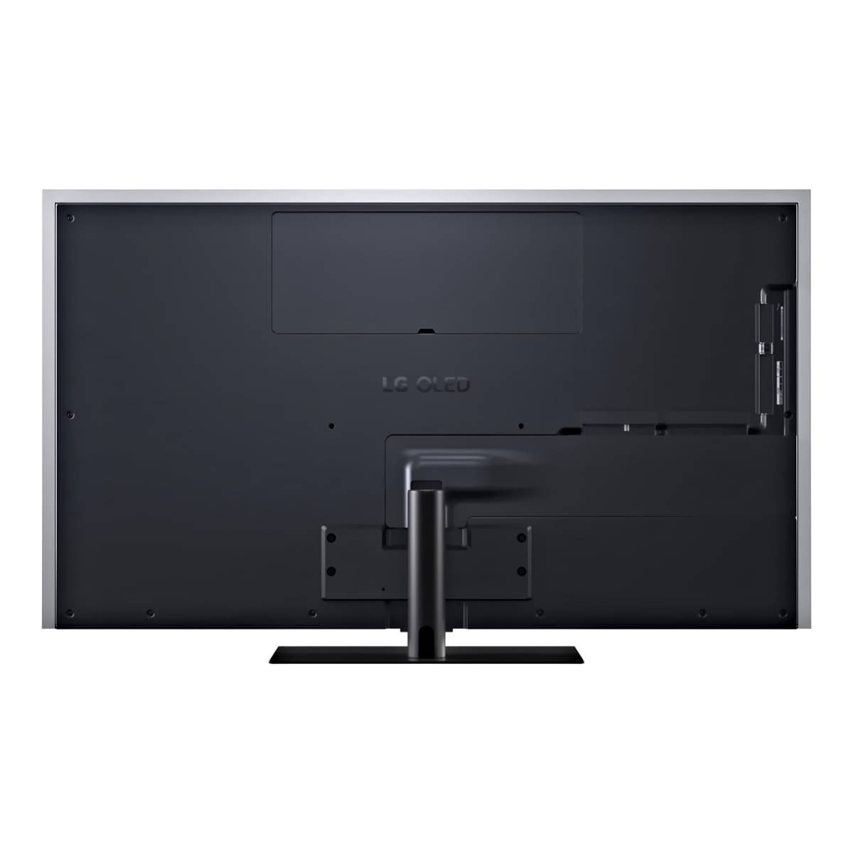 Vista trasera de un televisor LG OLED con soporte y puertos.