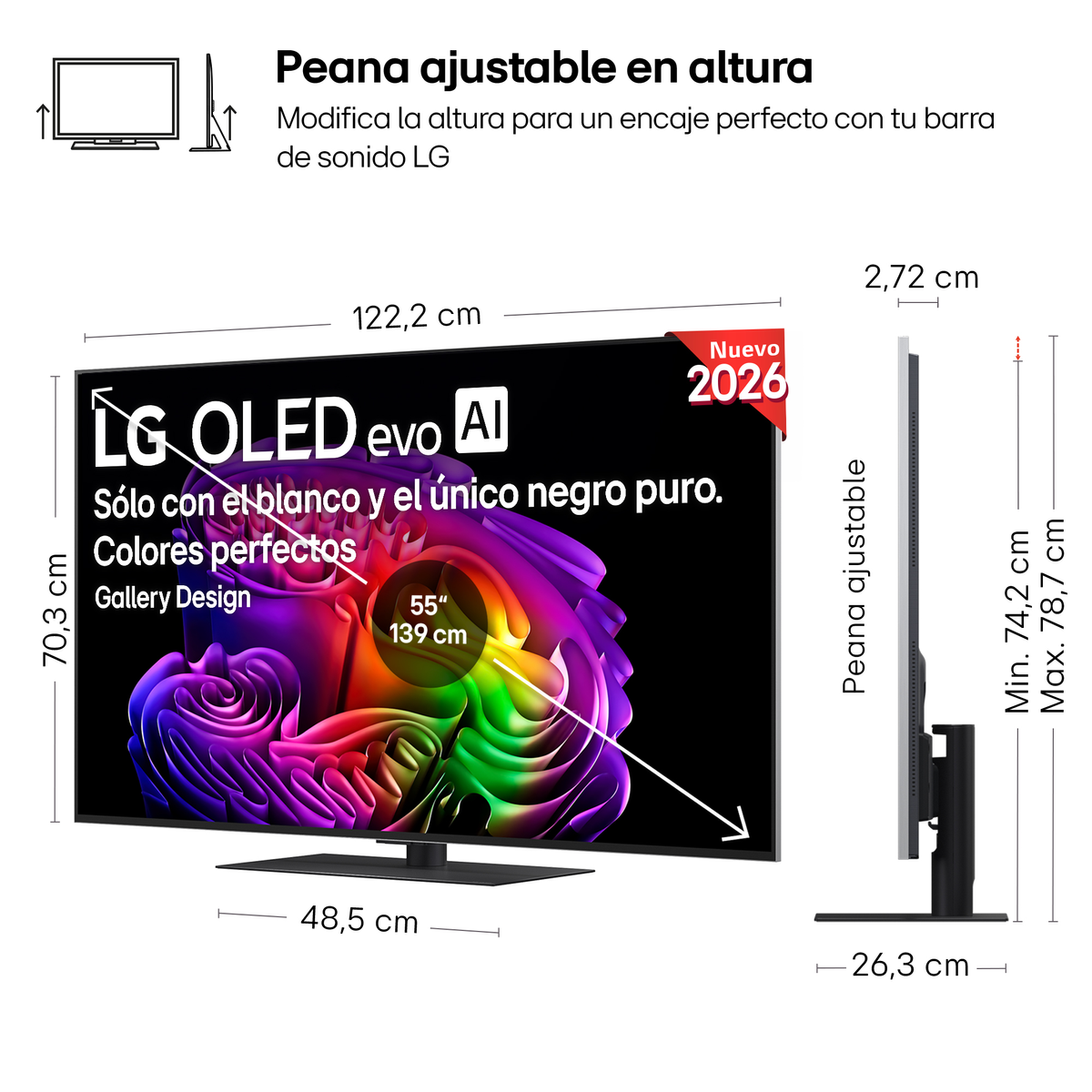 TV LG OLED con peana ajustable, 122,2 cm ancho, 70,3 cm alto.