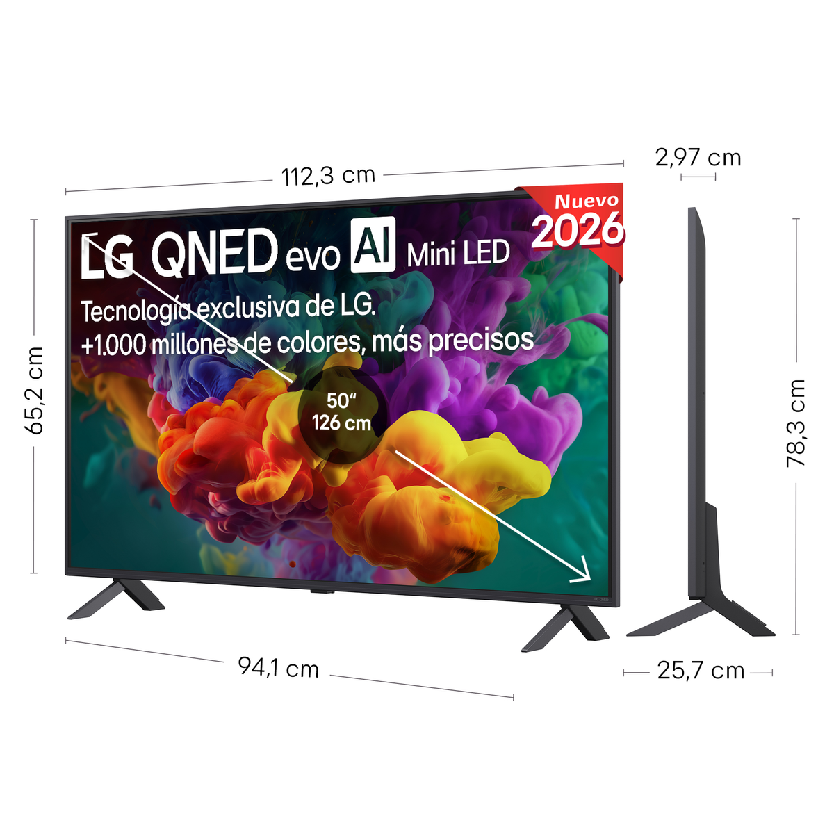 TV LG QNED Mini LED de 50 pulgadas con dimensiones y especificaciones.
