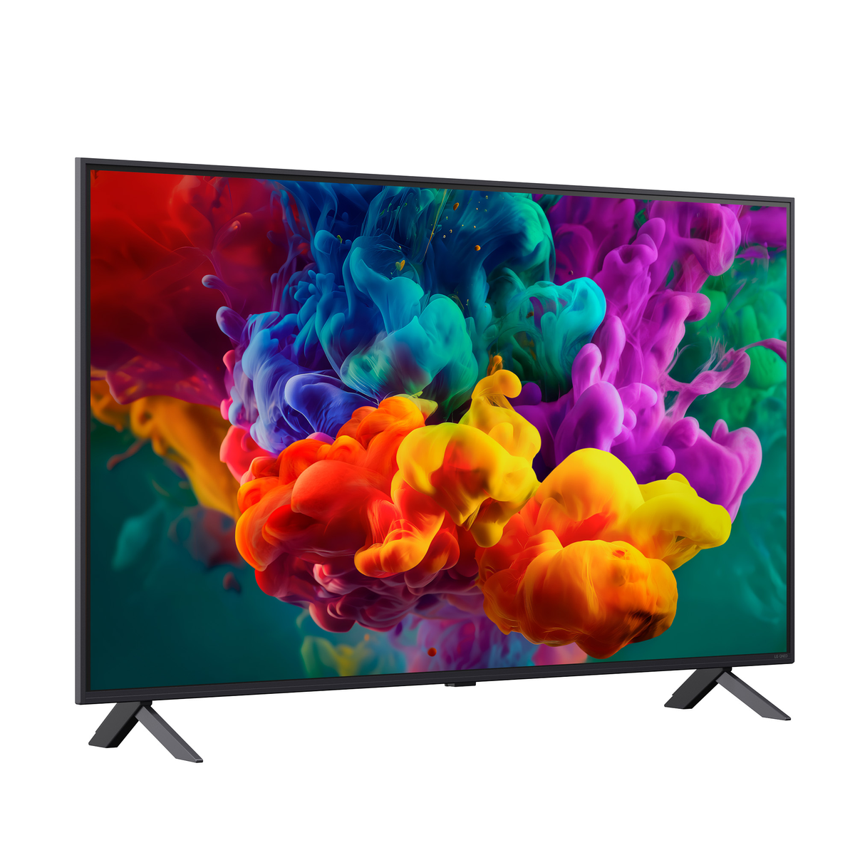 Un televisor moderno de pantalla plana con un vibrante fondo de salpicaduras de tinta.