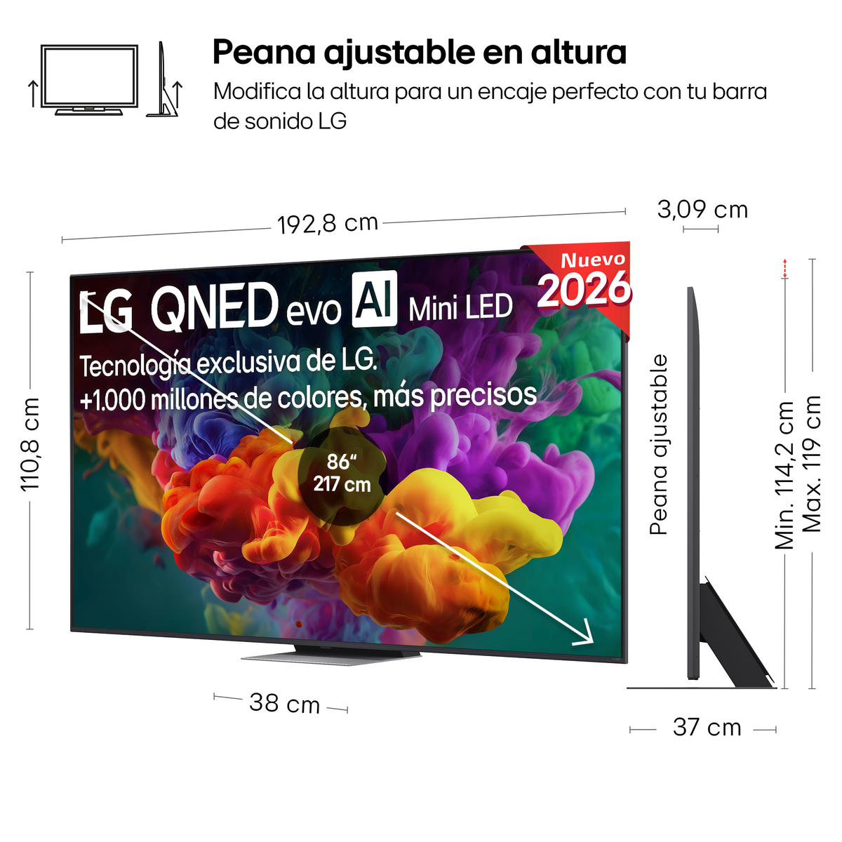 TV LG QNED da 86 pollici con piedistallo regolabile. Dimensioni indicate.