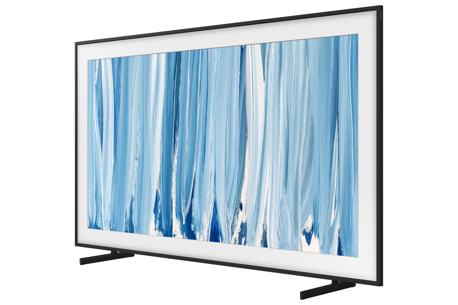 Un televisor moderno con marco negro, que muestra una pintura abstracta de pinceladas azules y blancas.