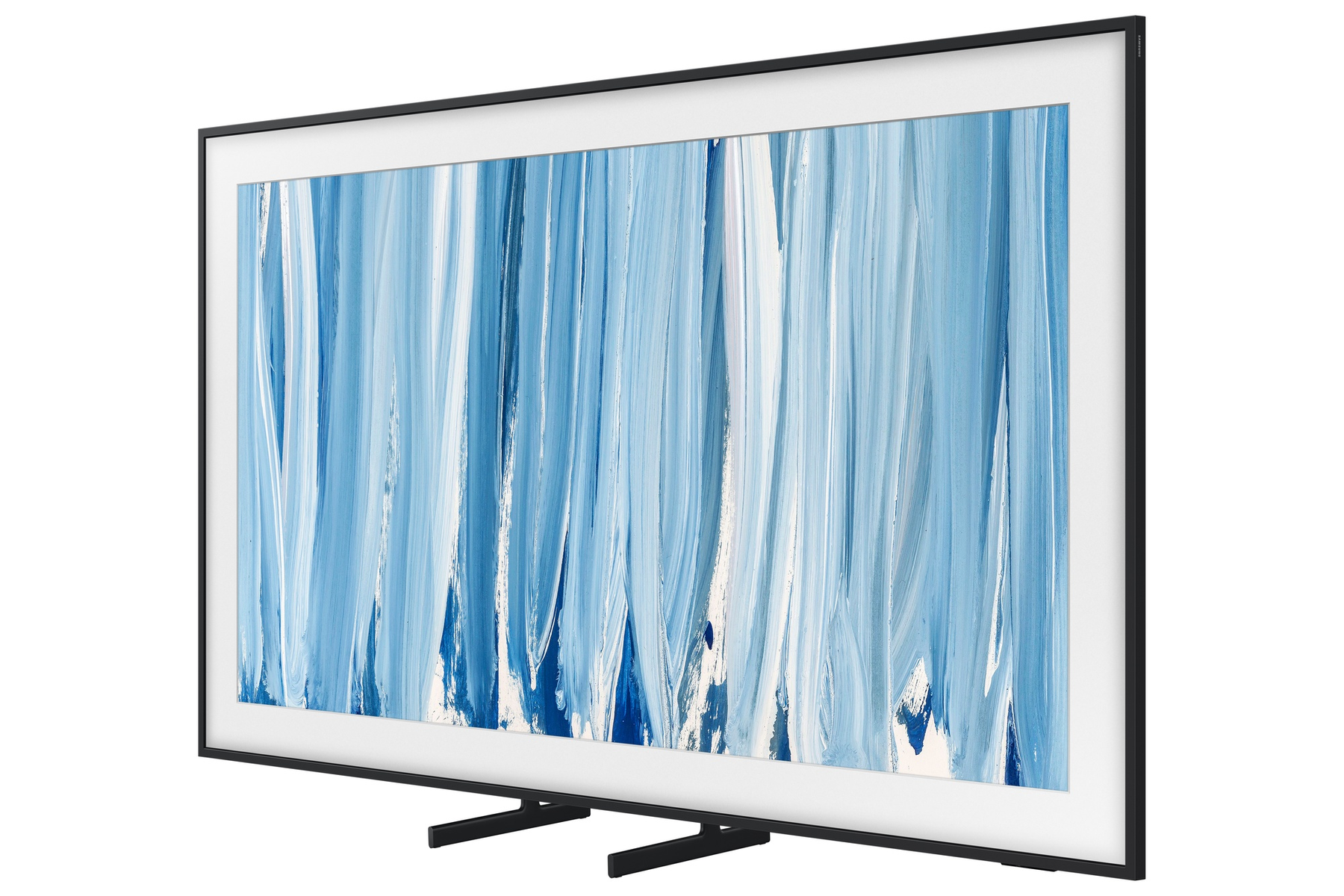 Un televisor negro que muestra una pintura de pinceladas azules en su pantalla.