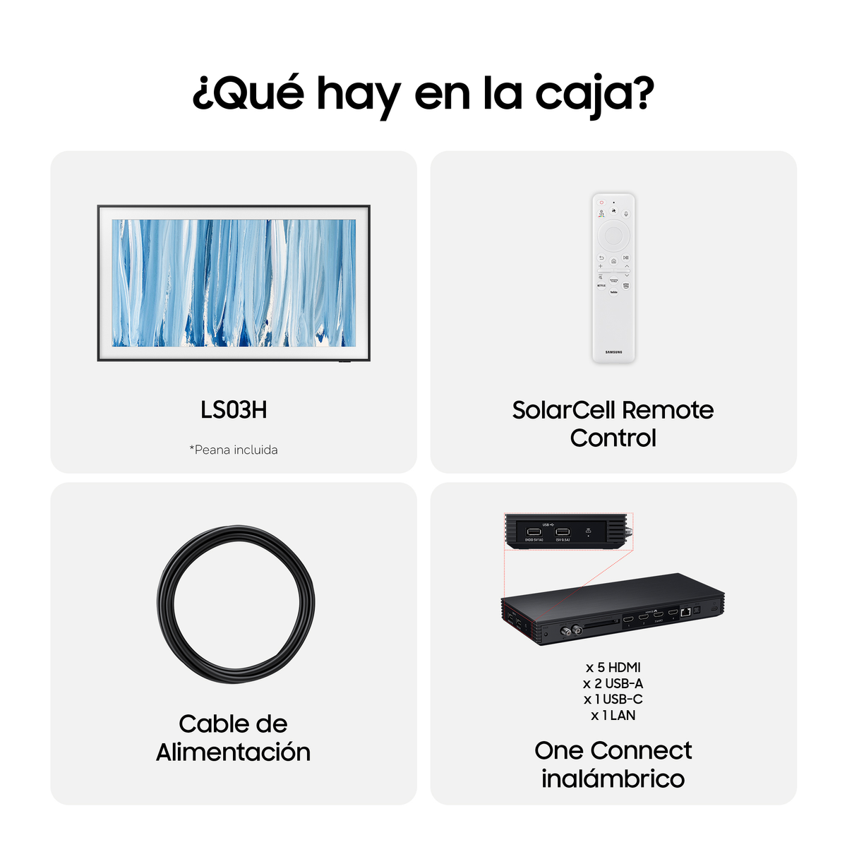 La imagen muestra el contenido de la caja: TV, control, cable, One Connect.