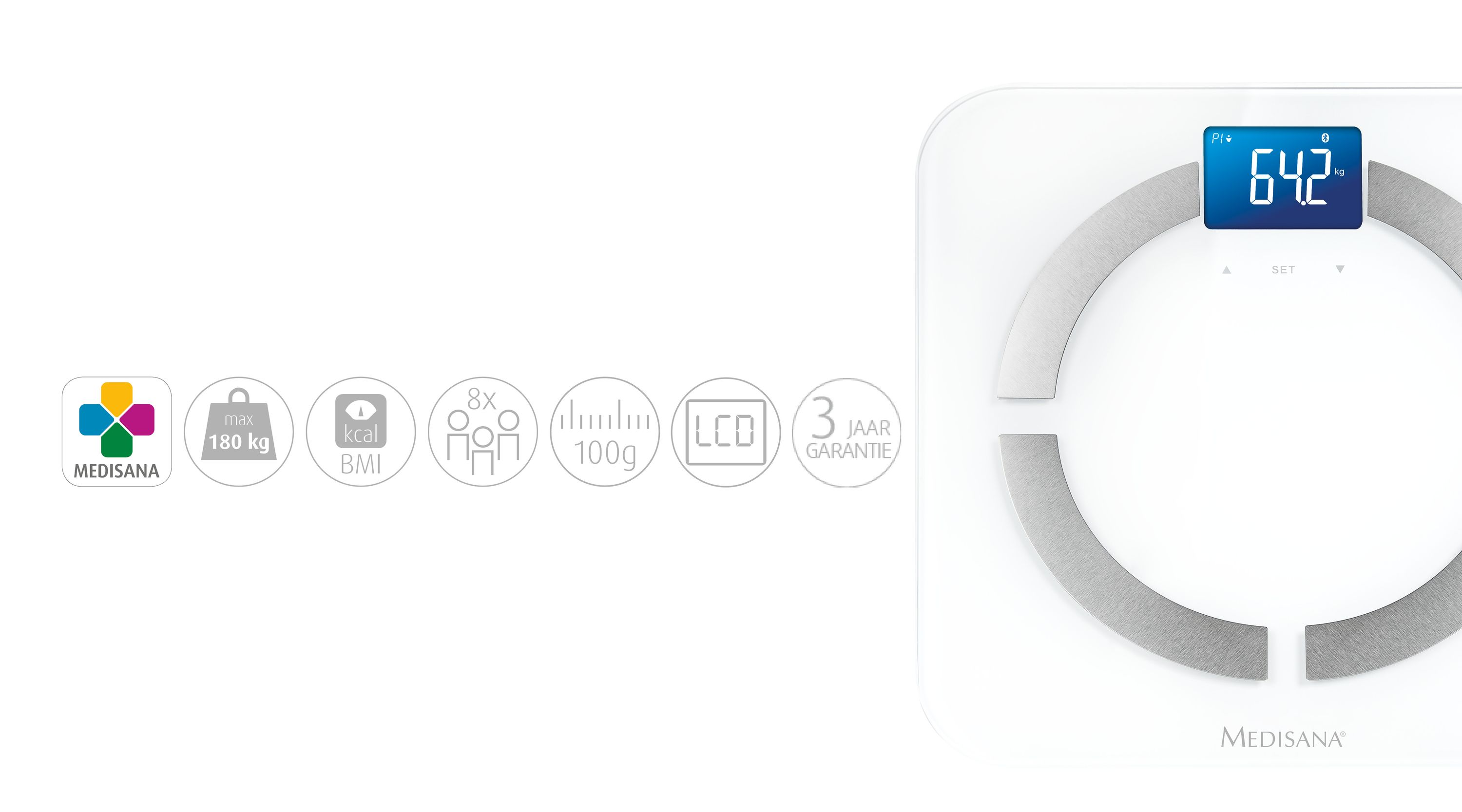 Balance personnelle blanche affichant 64,2 kg sur écran LCD, avec logo Medisana.