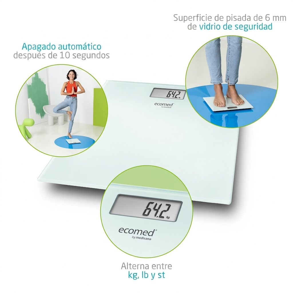 Eine weiße digitale Personenwaage mit beleuchtetem Display, das 64,2 kg anzeigt.