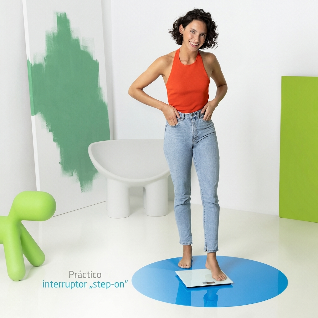 Eine Frau in Jeans und orangefarbenem Top steht auf einer Waage auf blauem Kreis.