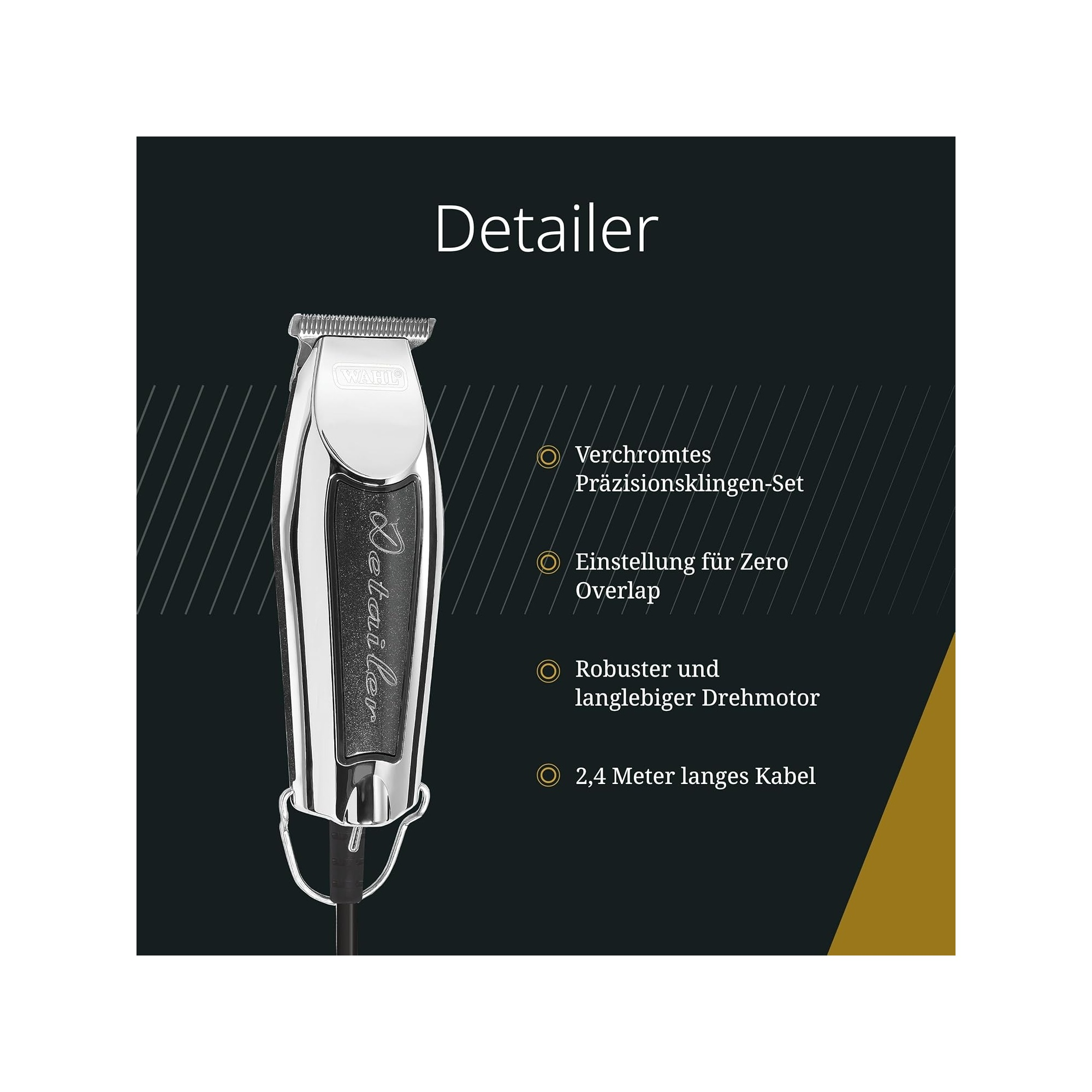 Wahl Detailer Trimmer mit Präzisionsklingen, Zero Overlap, robustem Motor und 2,4m Kabel.