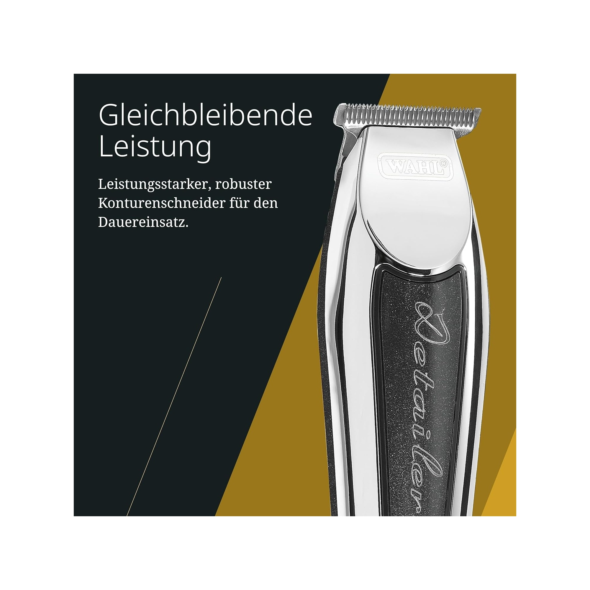 Ein silberner Haarschneider mit schwarzem Griff und goldenem Hintergrund.