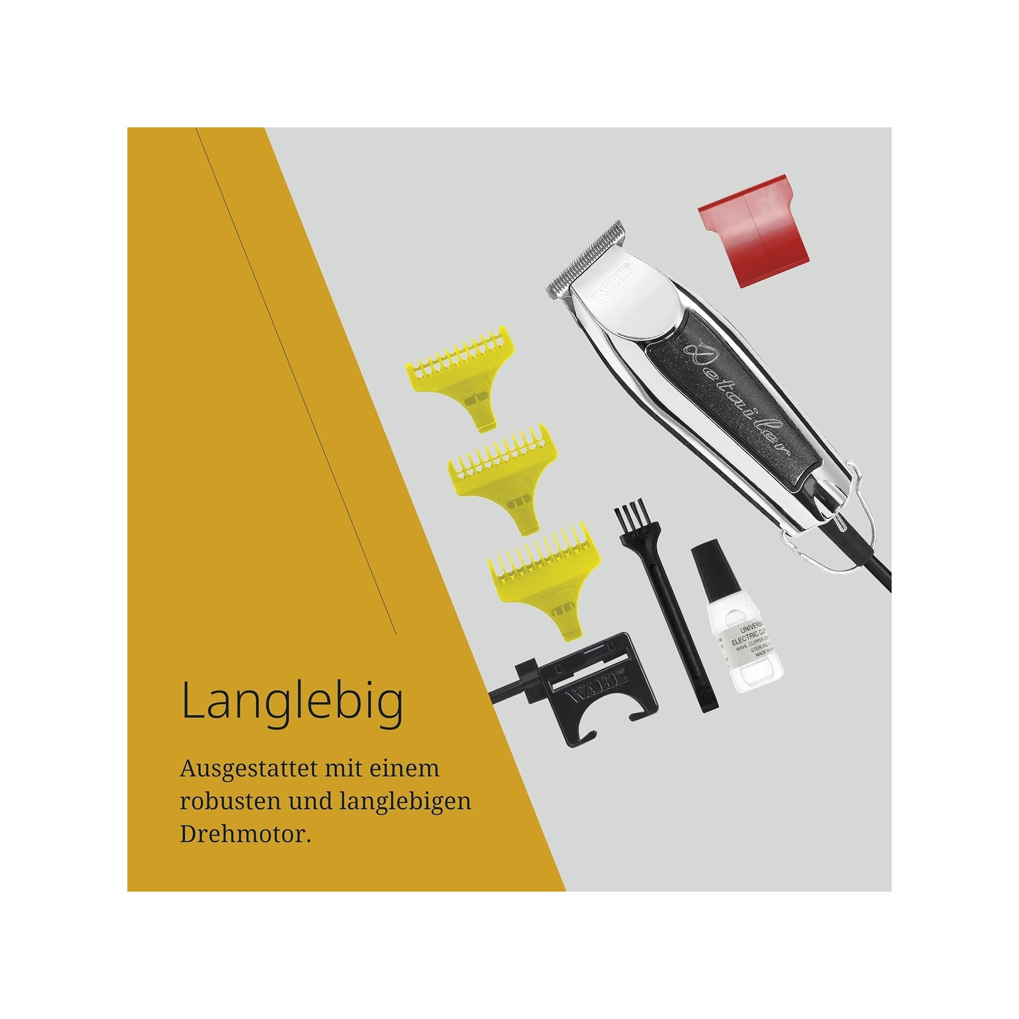 Wahl Detailer Haarschneider mit Aufsätzen, Öl und Bürste auf grauem Hintergrund.