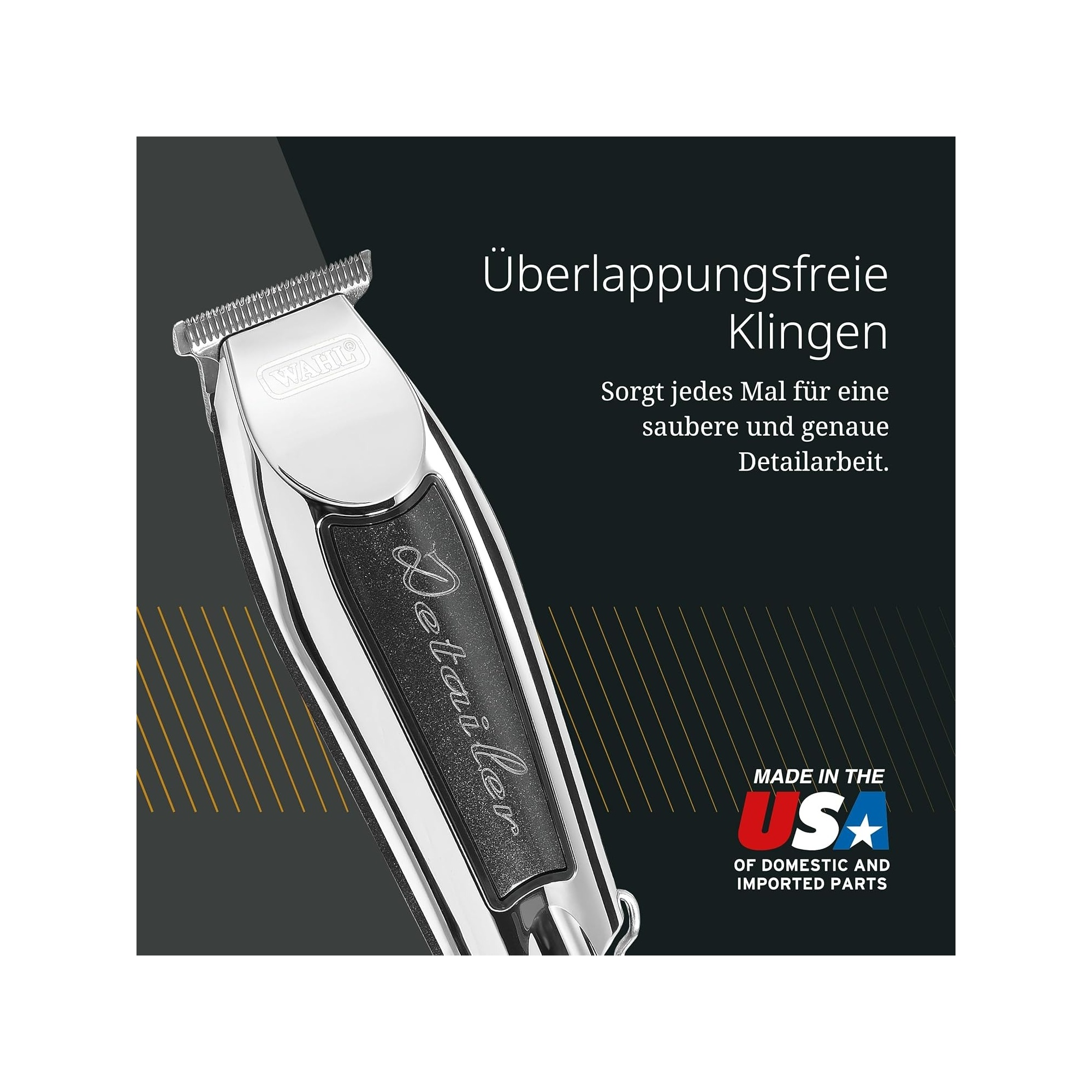 Ein glänzender silberner Haarschneider mit dem Logo 'WAHL' und der Aufschrift 'Detailer'.