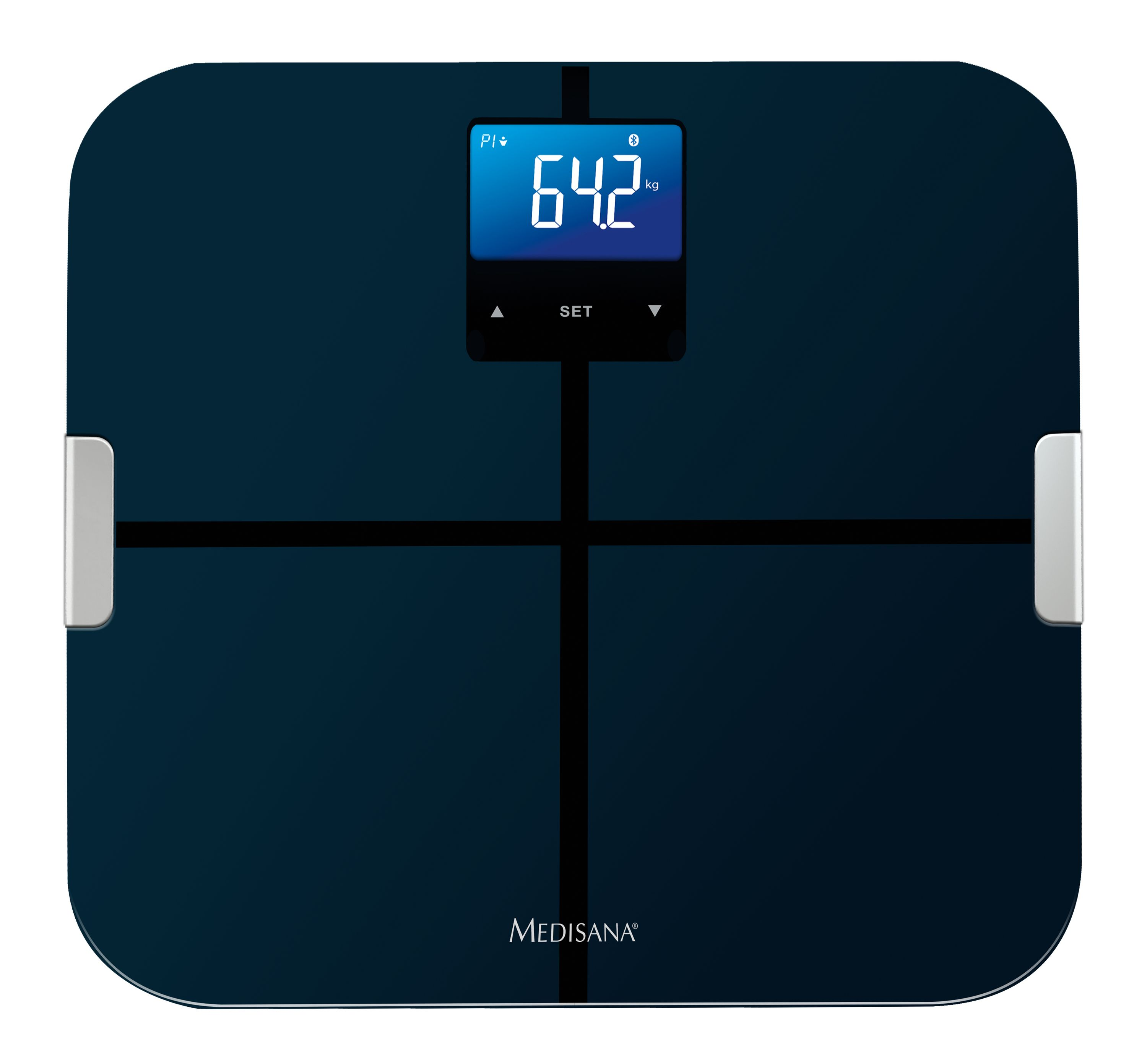 Balance numérique bleu foncé avec écran bleu affichant 64,2 kg.