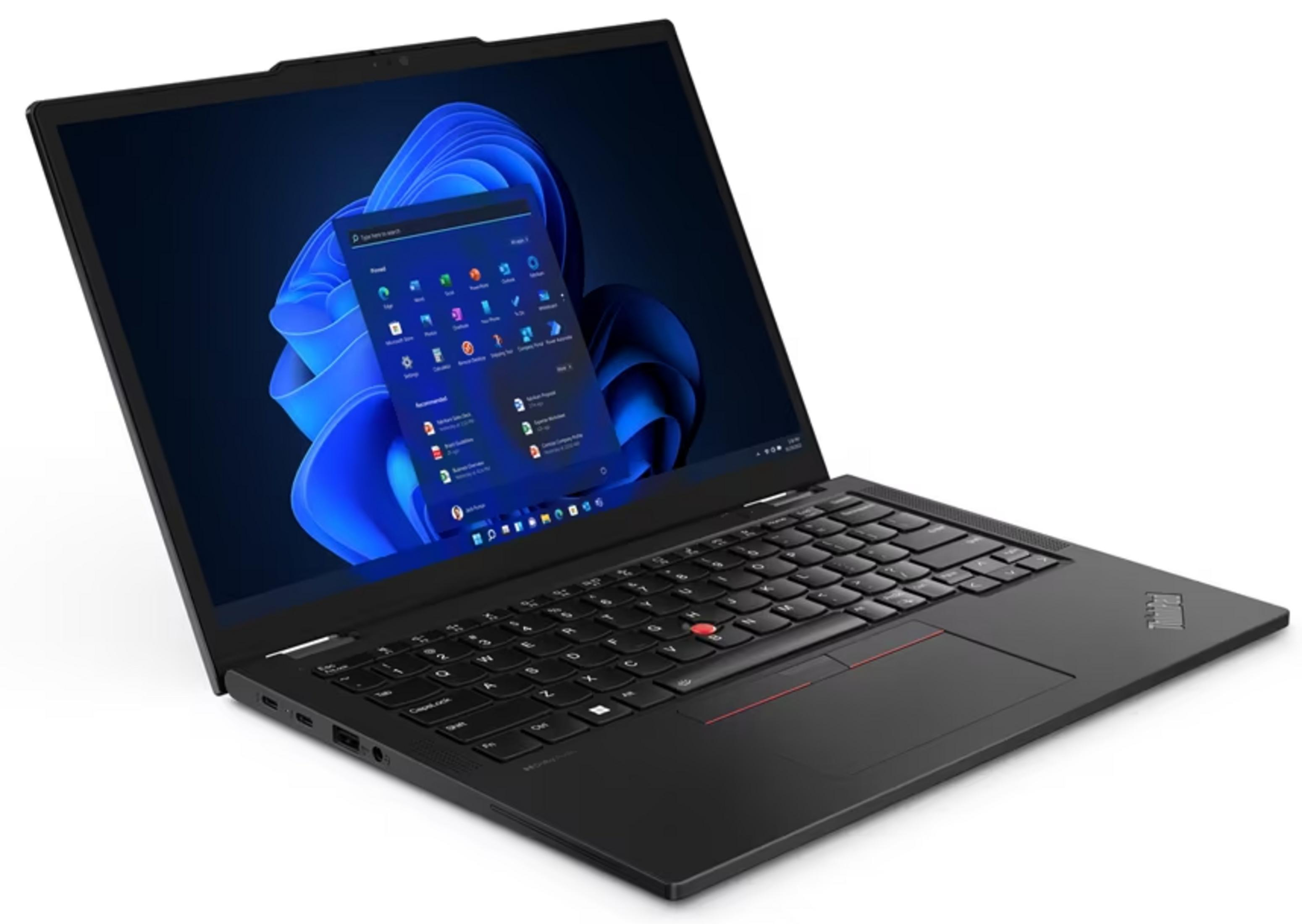 Un laptop nero con uno sfondo blu sul suo schermo aperto.