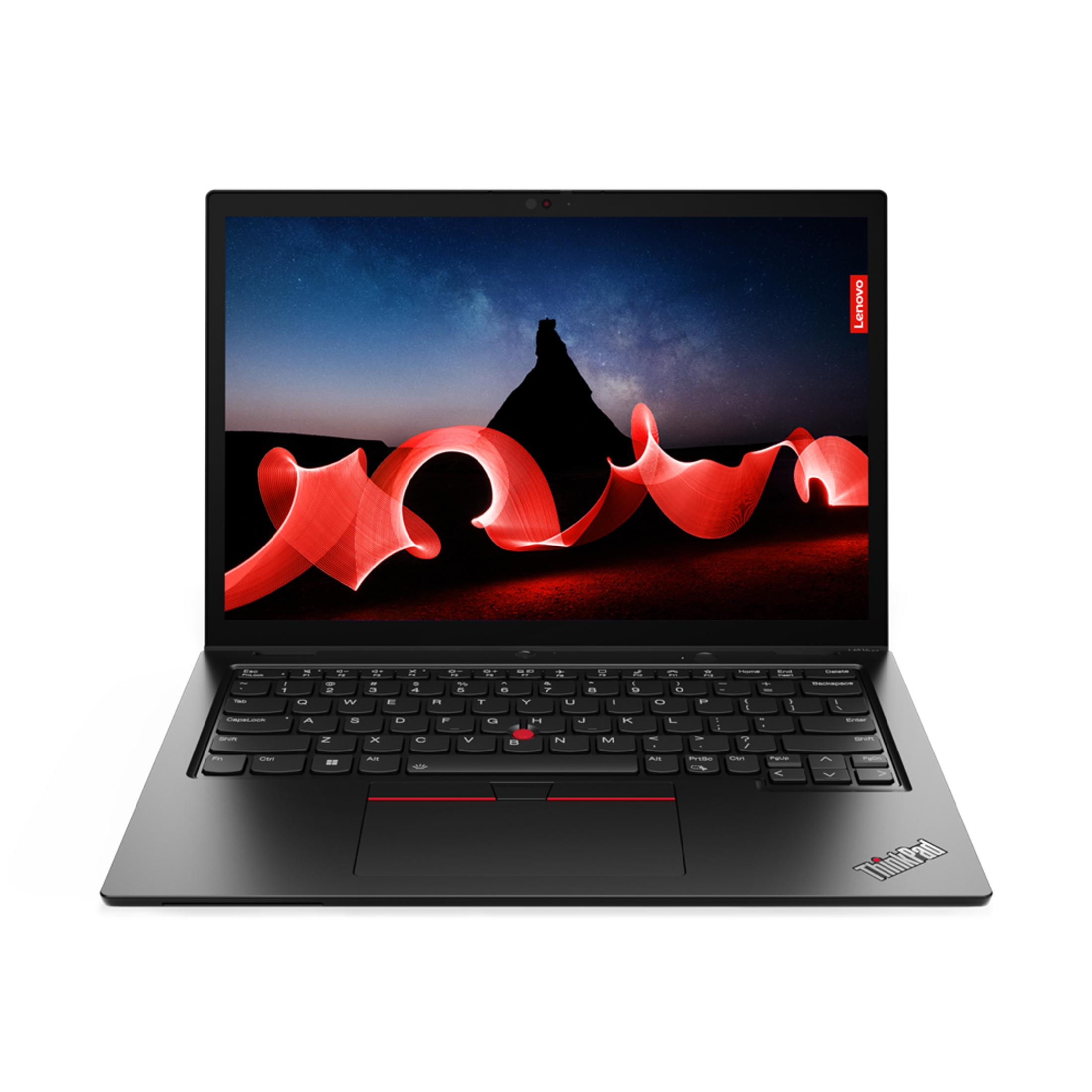 Un laptop nero Lenovo ThinkPad con cielo stellato e pittura di luce rossa sullo schermo.