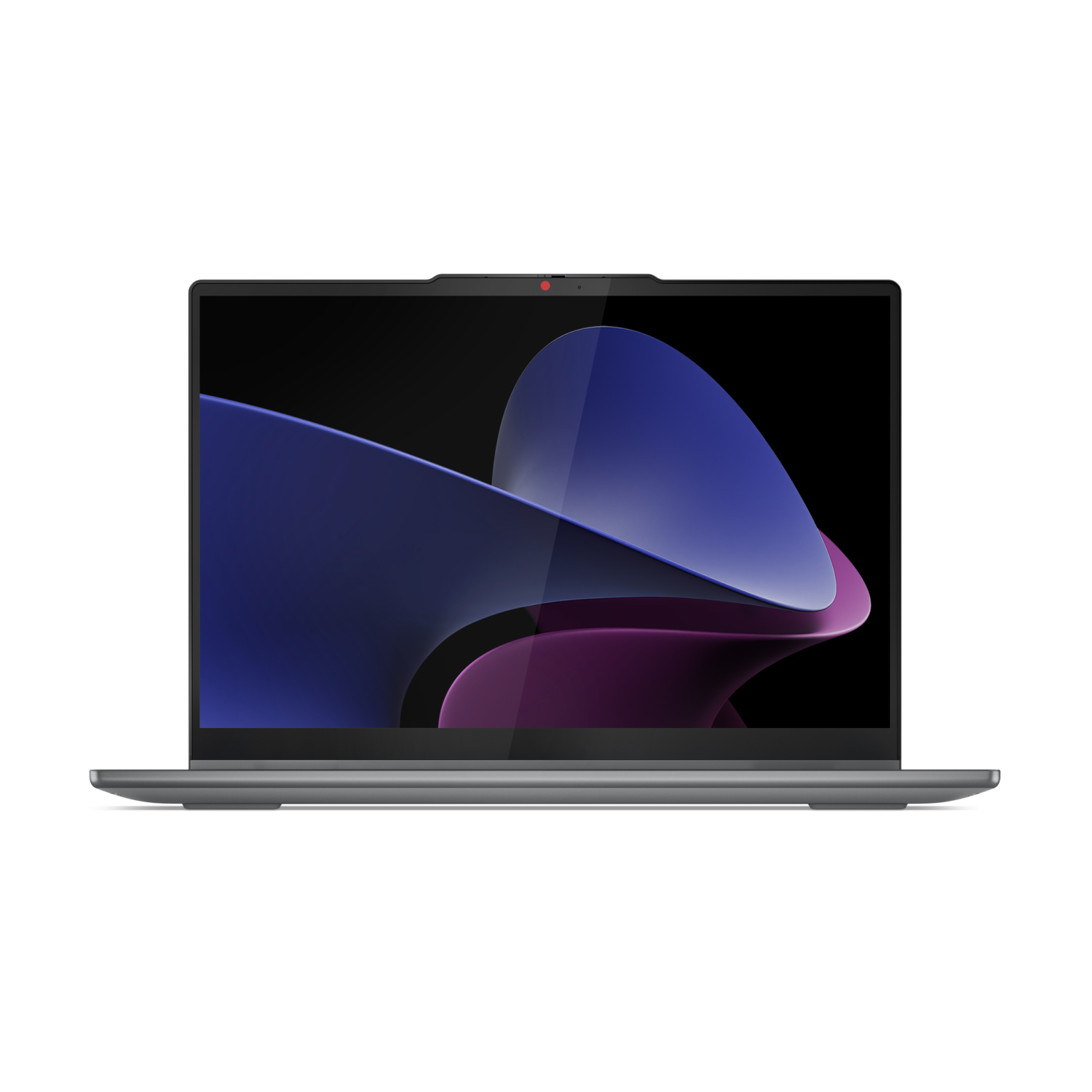 Laptop grigio con schermo scuro che mostra una grafica astratta blu e viola.