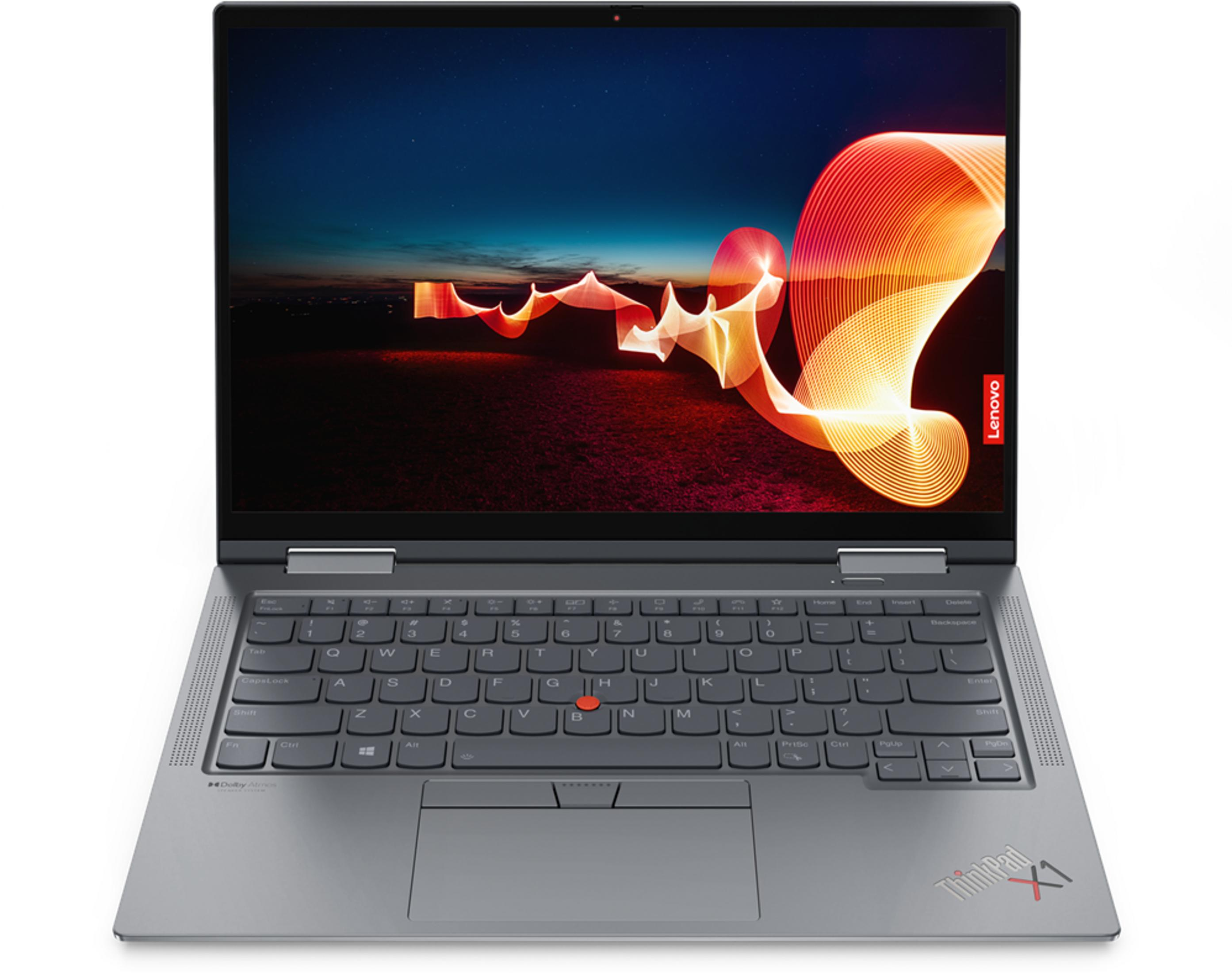 Ein geöffneter grauer Lenovo ThinkPad X1 Laptop mit einem bunten Lichtkunst-Hintergrundbild.
