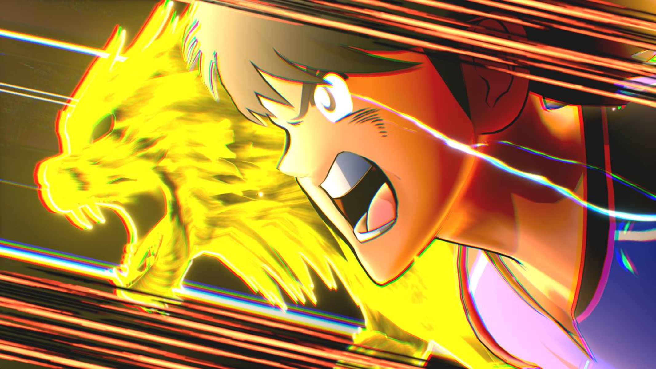 Scena anime: Un ragazzo urla accanto a una creatura gialla brillante simile a un drago.