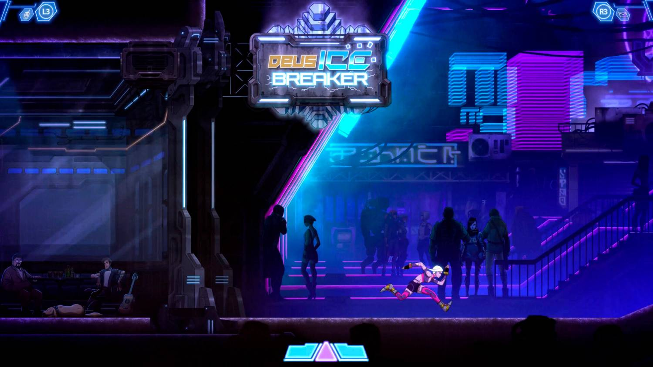 Scena cyberpunk con luci al neon, persone e un personaggio in rosa.