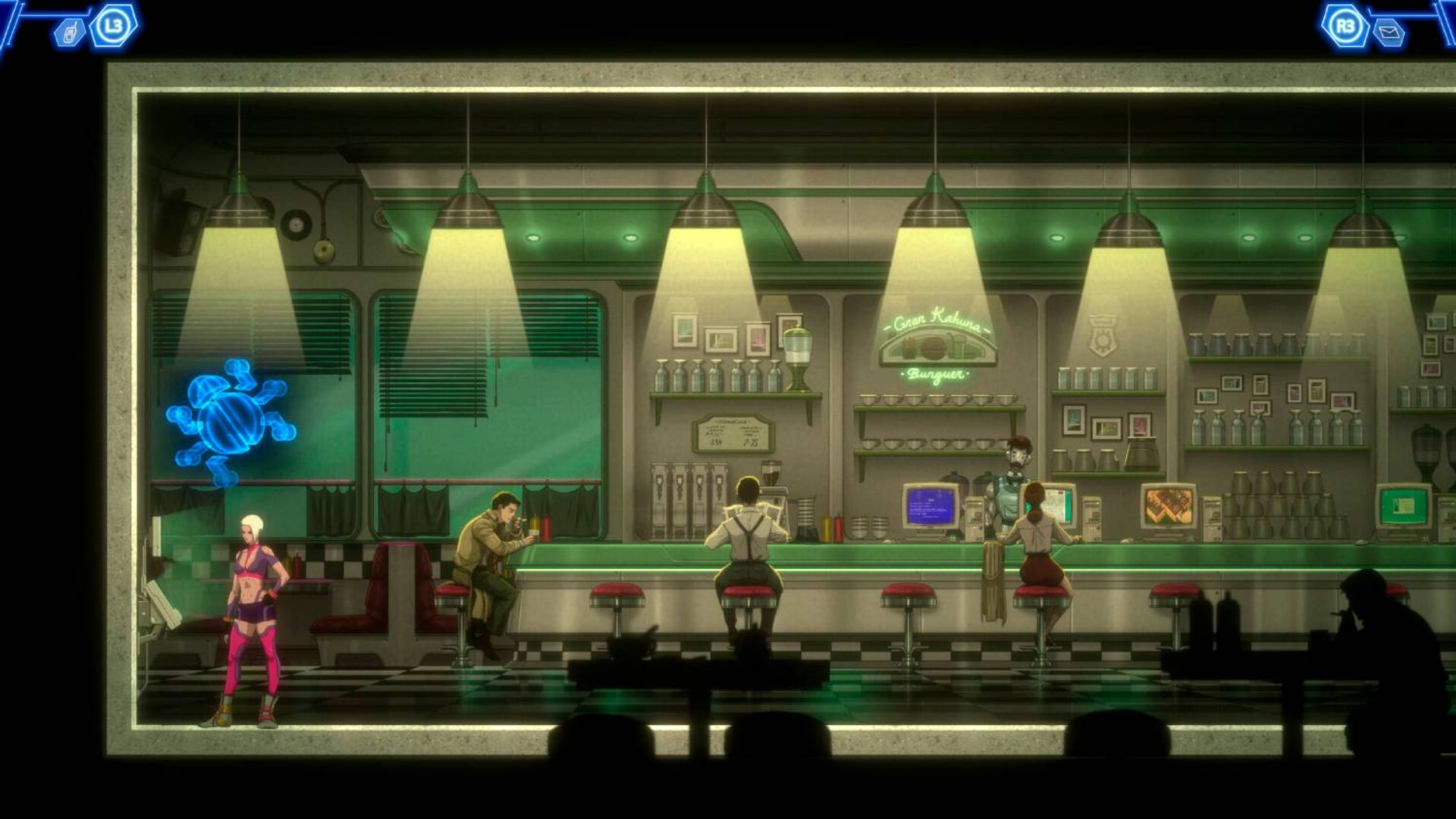 Scena diner cyberpunk con avventori, ragno olografico e una donna in abiti rosa.