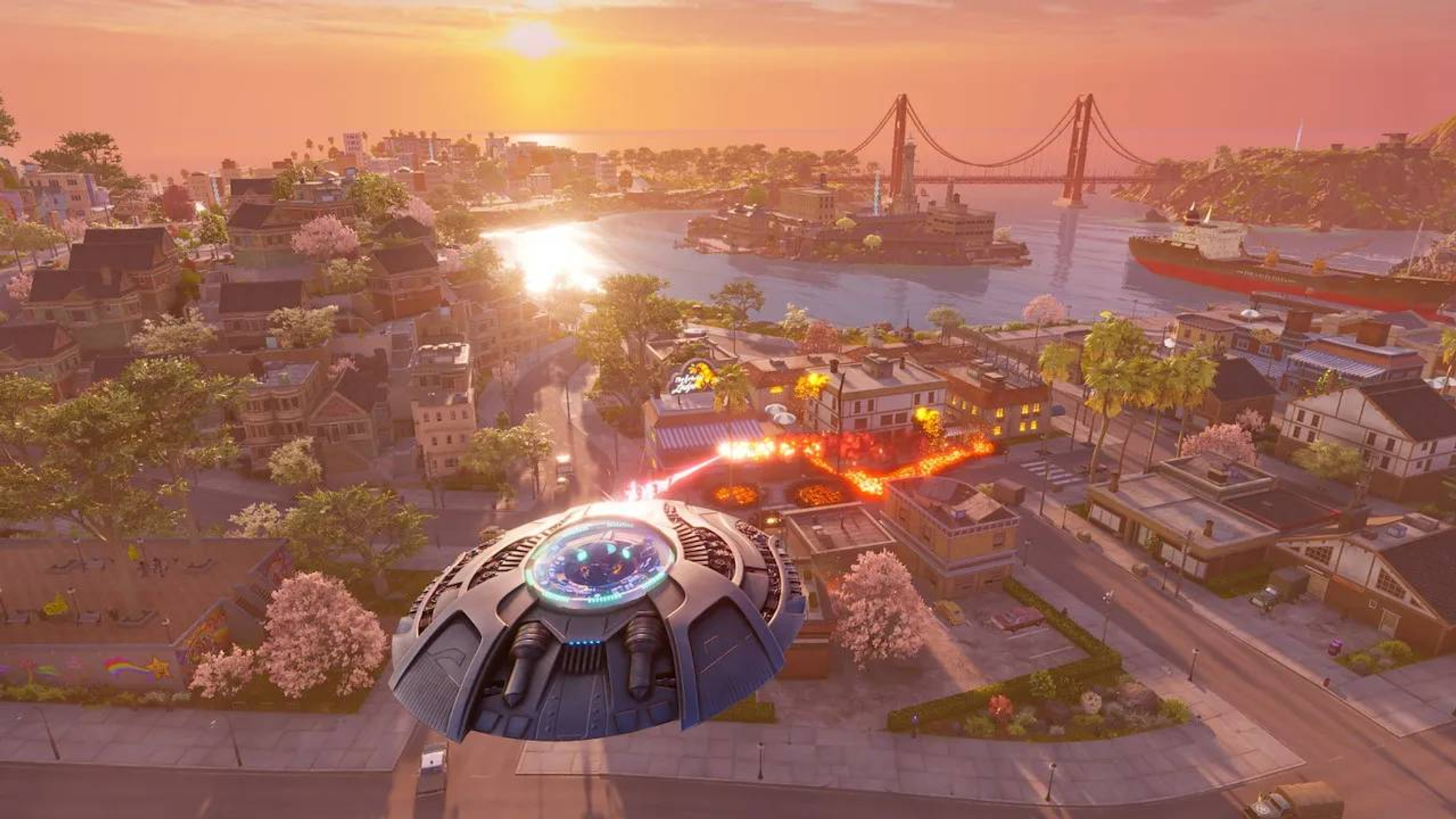 Ein UFO feuert Laser auf eine Stadt mit einer Brücke im Hintergrund.