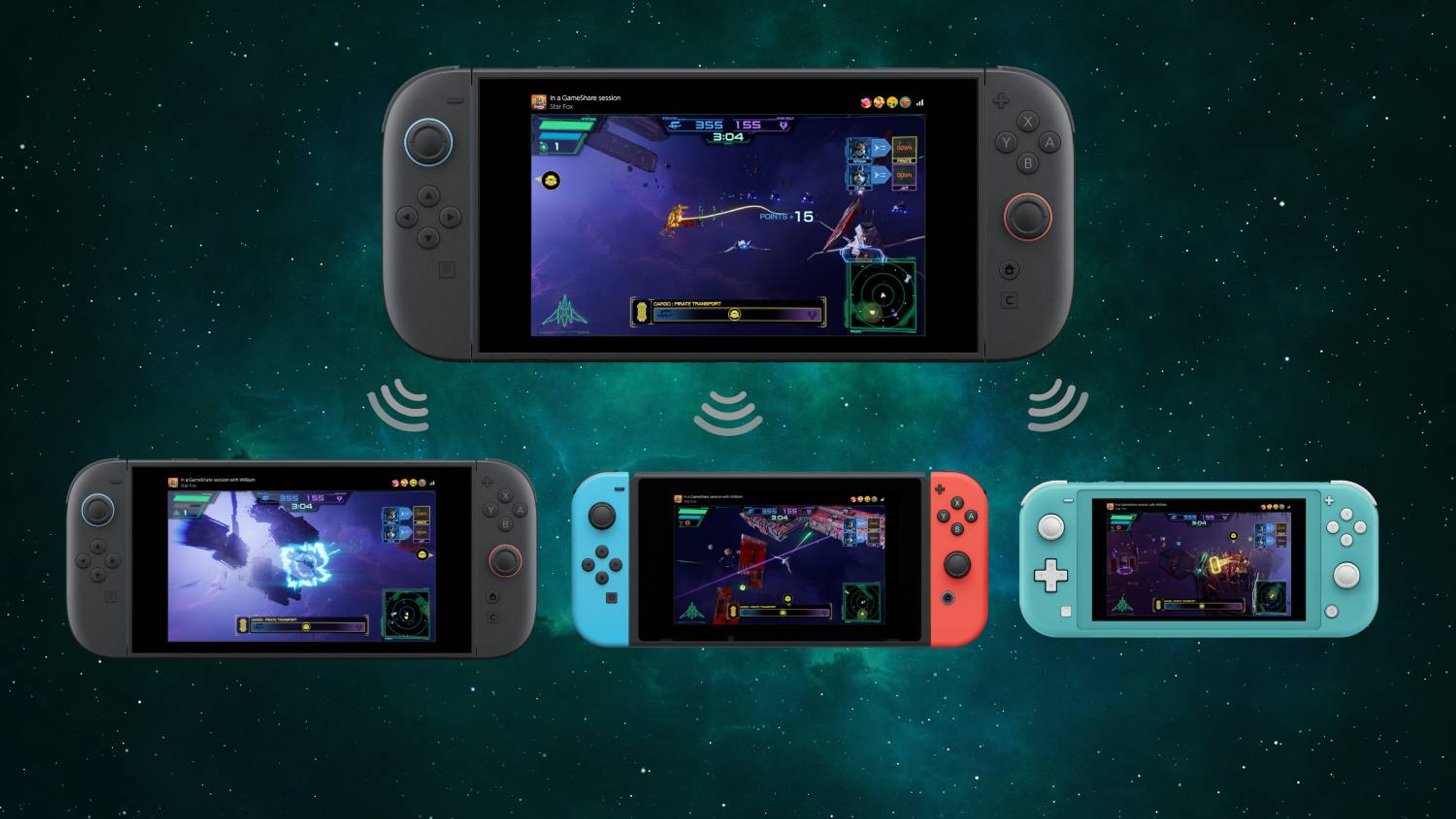 Quattro console Nintendo mostrano un gioco spaziale con navi e stelle.