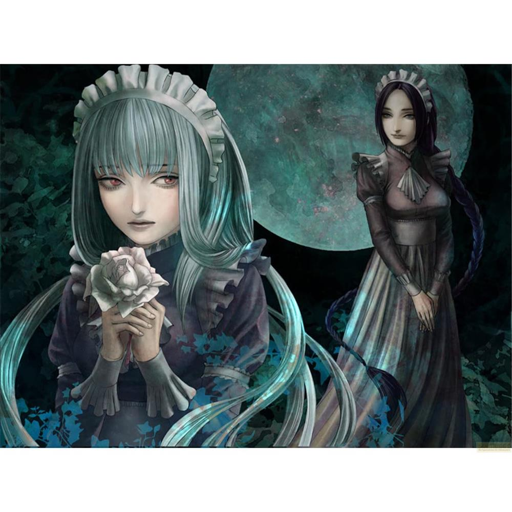 Dos chicas anime con uniformes de sirvienta frente a una luna. Una sostiene una rosa blanca.