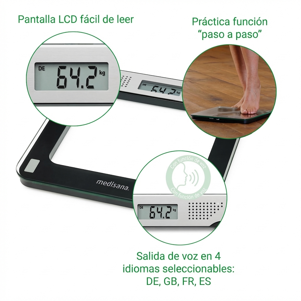 Eine digitale Personenwaage mit großem LCD-Display zeigt 64,2 kg an.