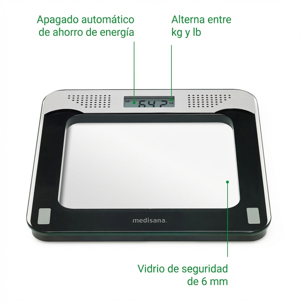 Digitale Personenwaage aus Glas mit Anzeige von 64.2 kg. Energiesparmodus.